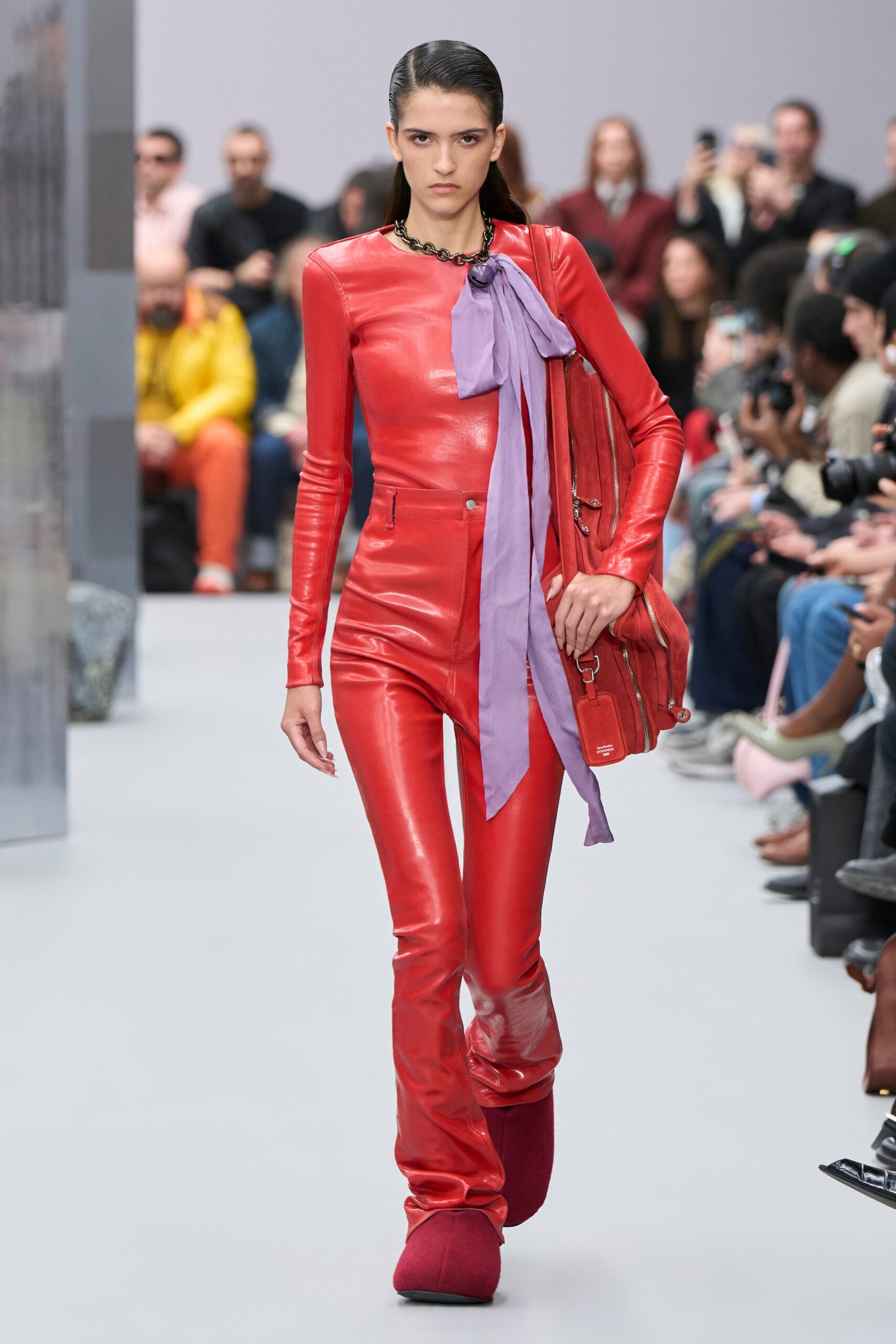 red leather long-sleeve high-neck fitted zippered catsuit