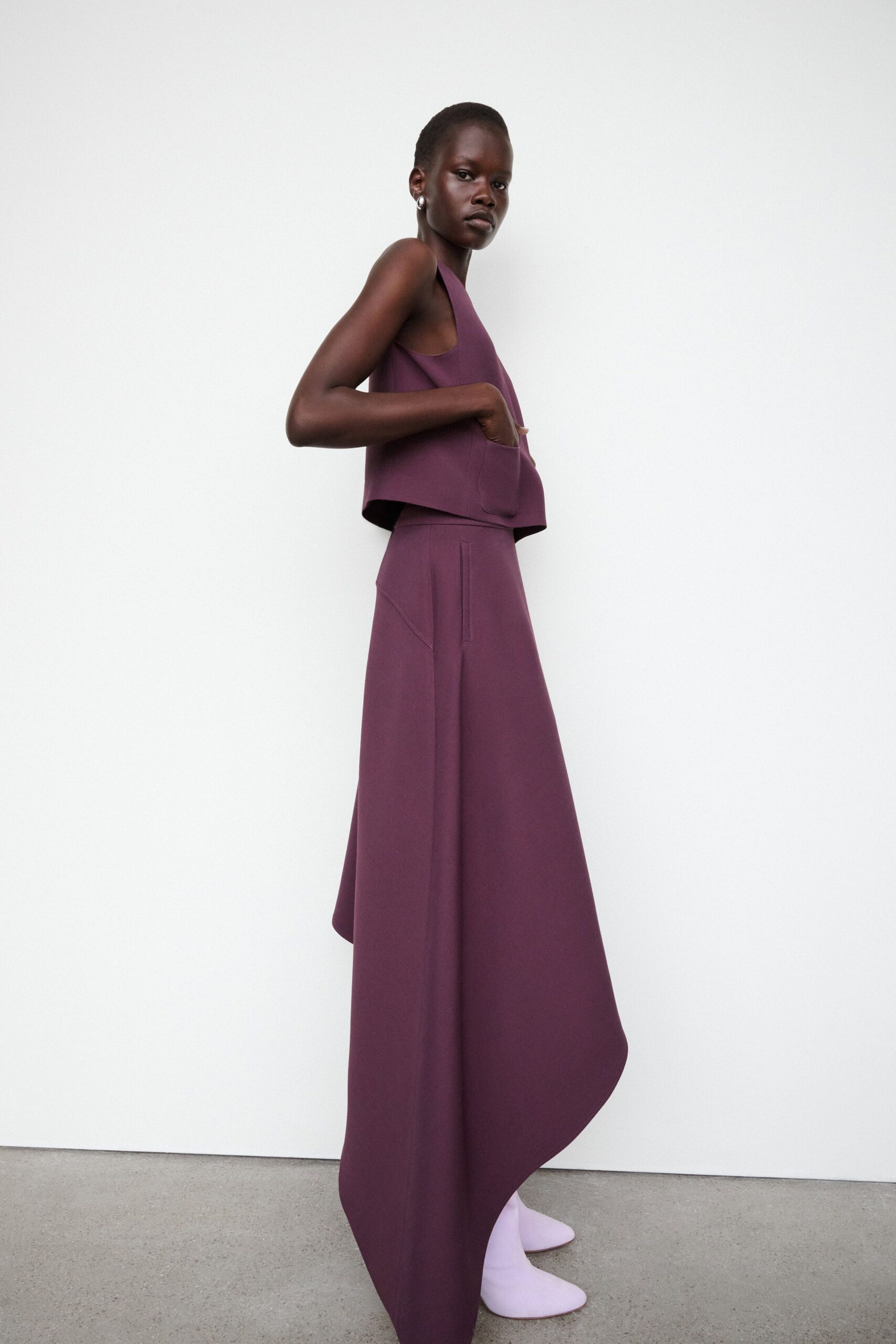 purple asymmetric top and skirt