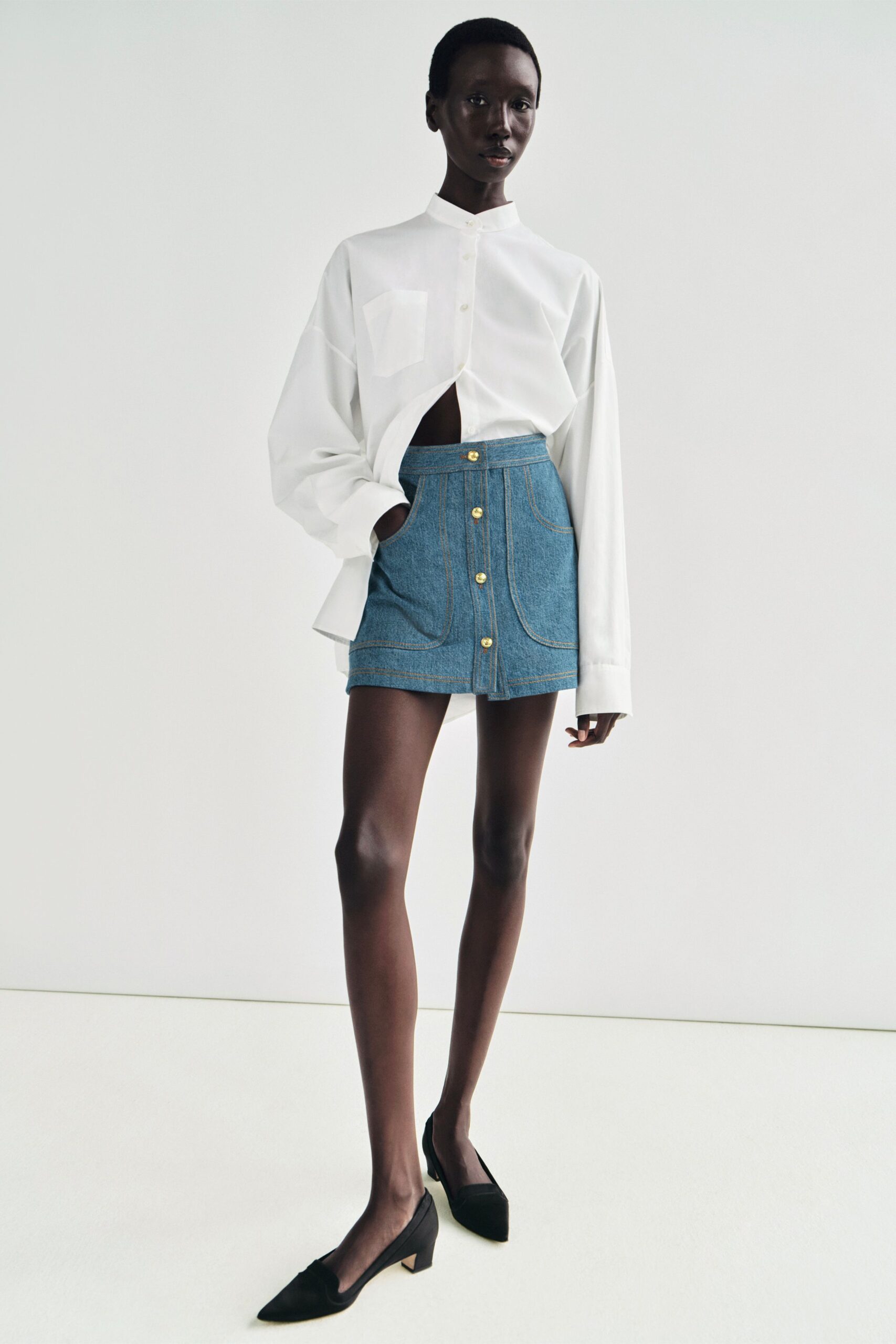 blue denim fitted buttoned pencil mini skirt