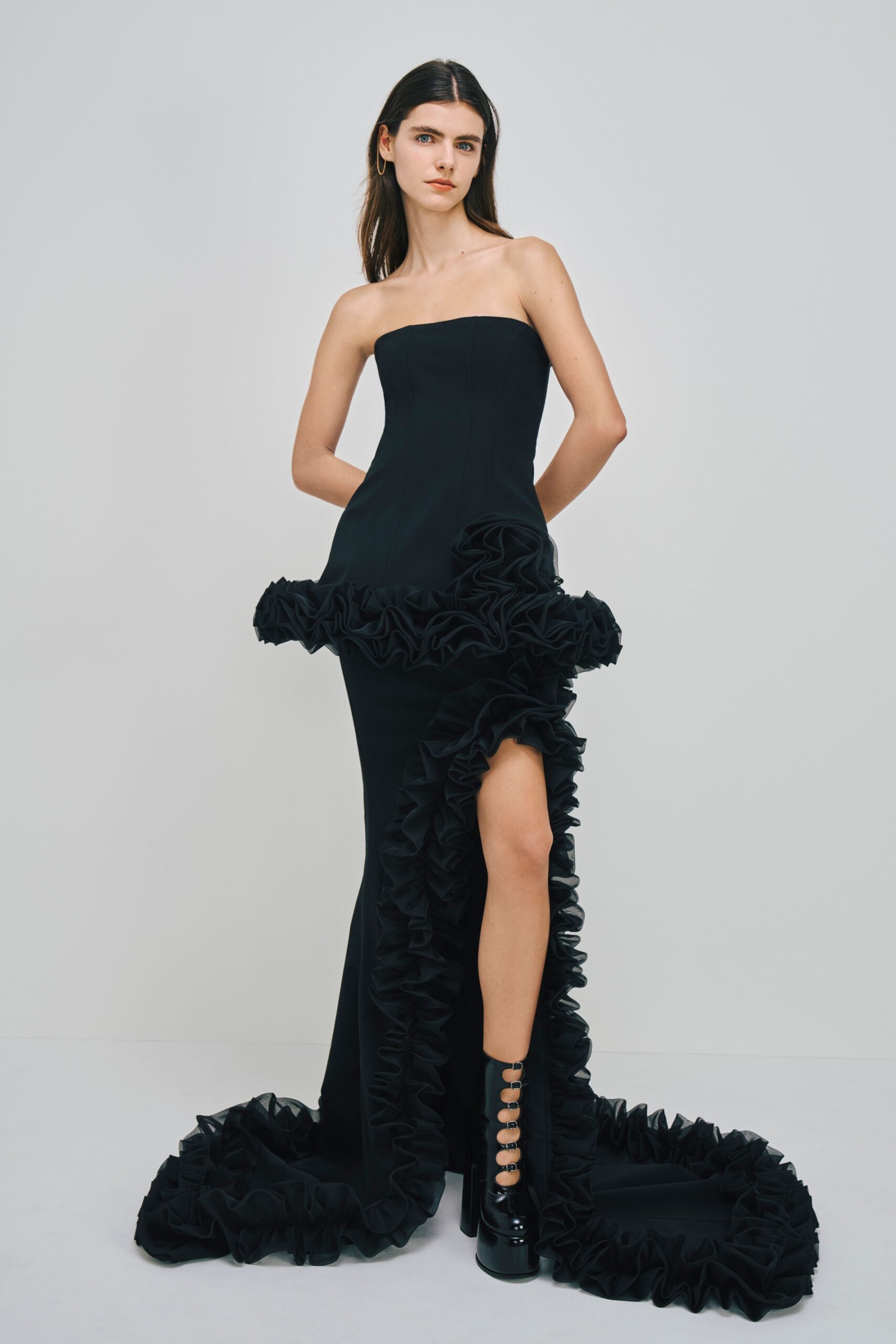 black silk strapless slit fitted ruffled maxi gown