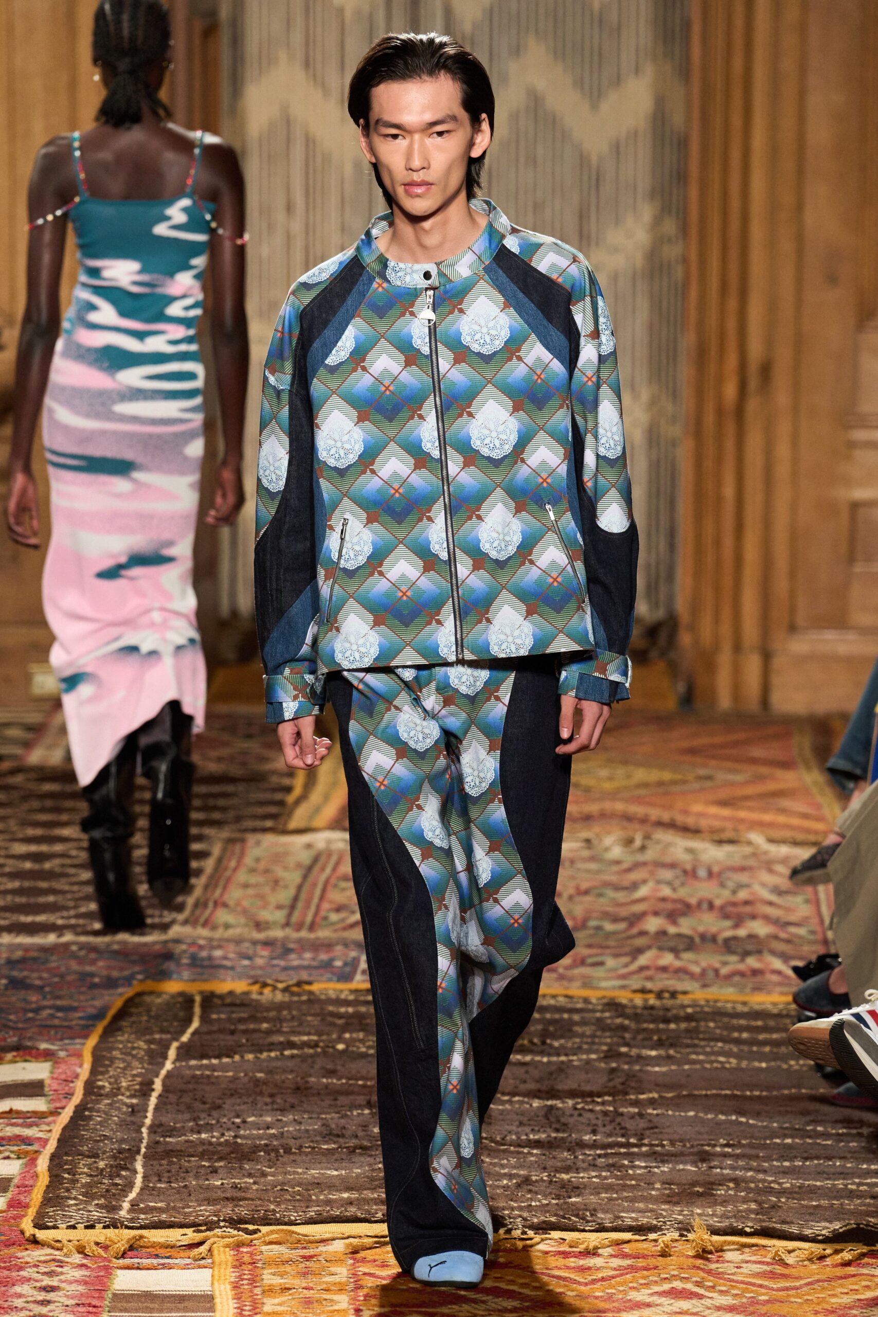blue denim long-sleeve collared relaxed zippered printed jacket