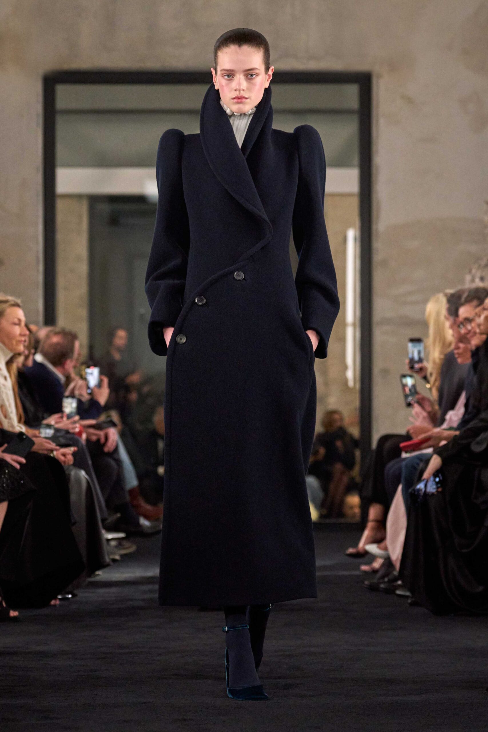 black wool long-sleeve collared structured draped maxi coat