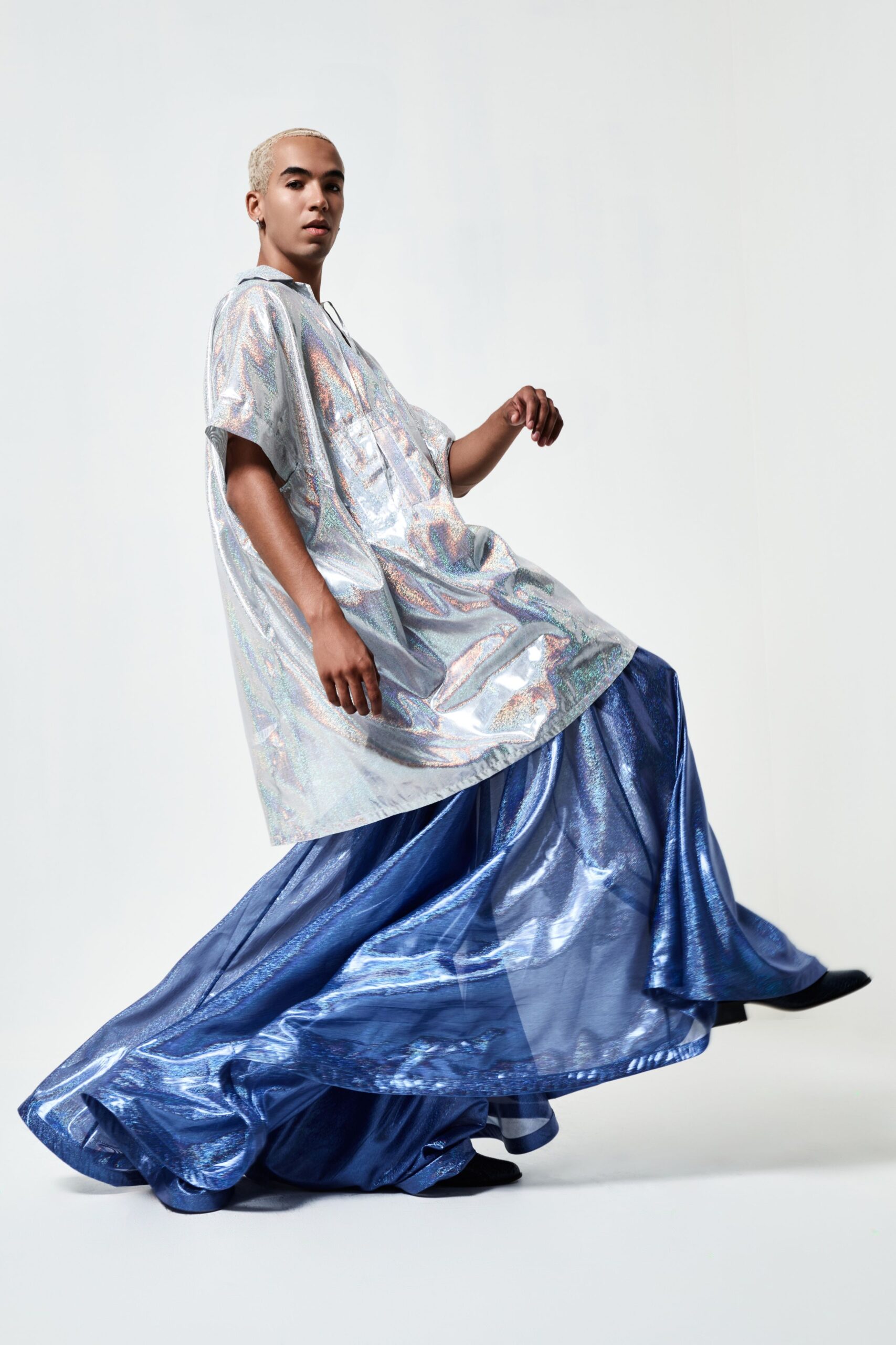 blue metallic fitted tiered flowing maxi skirt