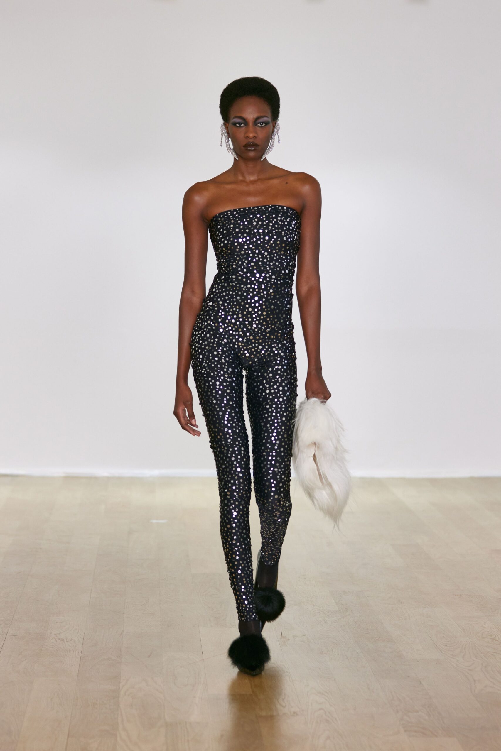 black sequin sleeveless strapless fitted zippered shiny catsuit