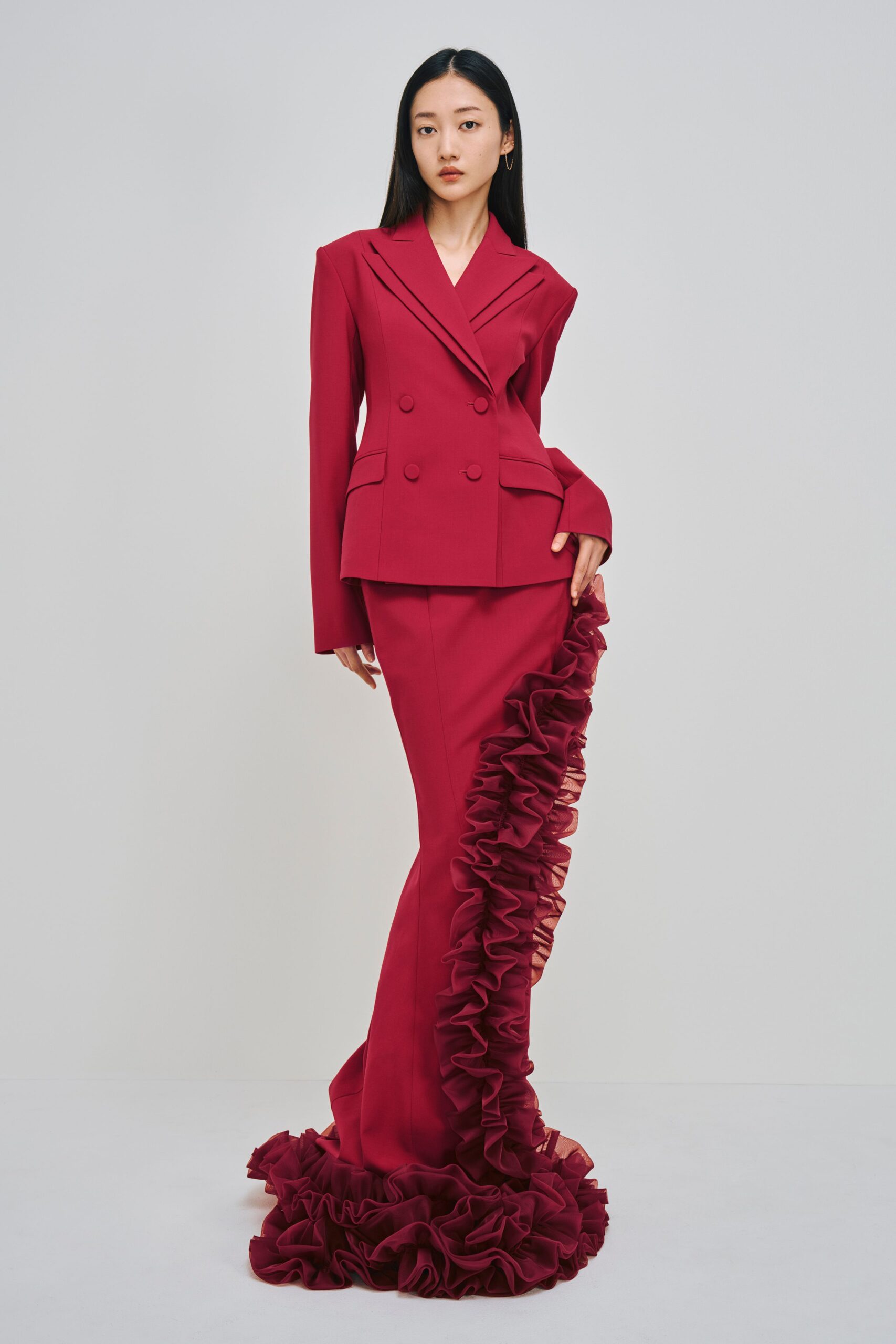 red cotton long-sleeve collared fitted ruffled suit