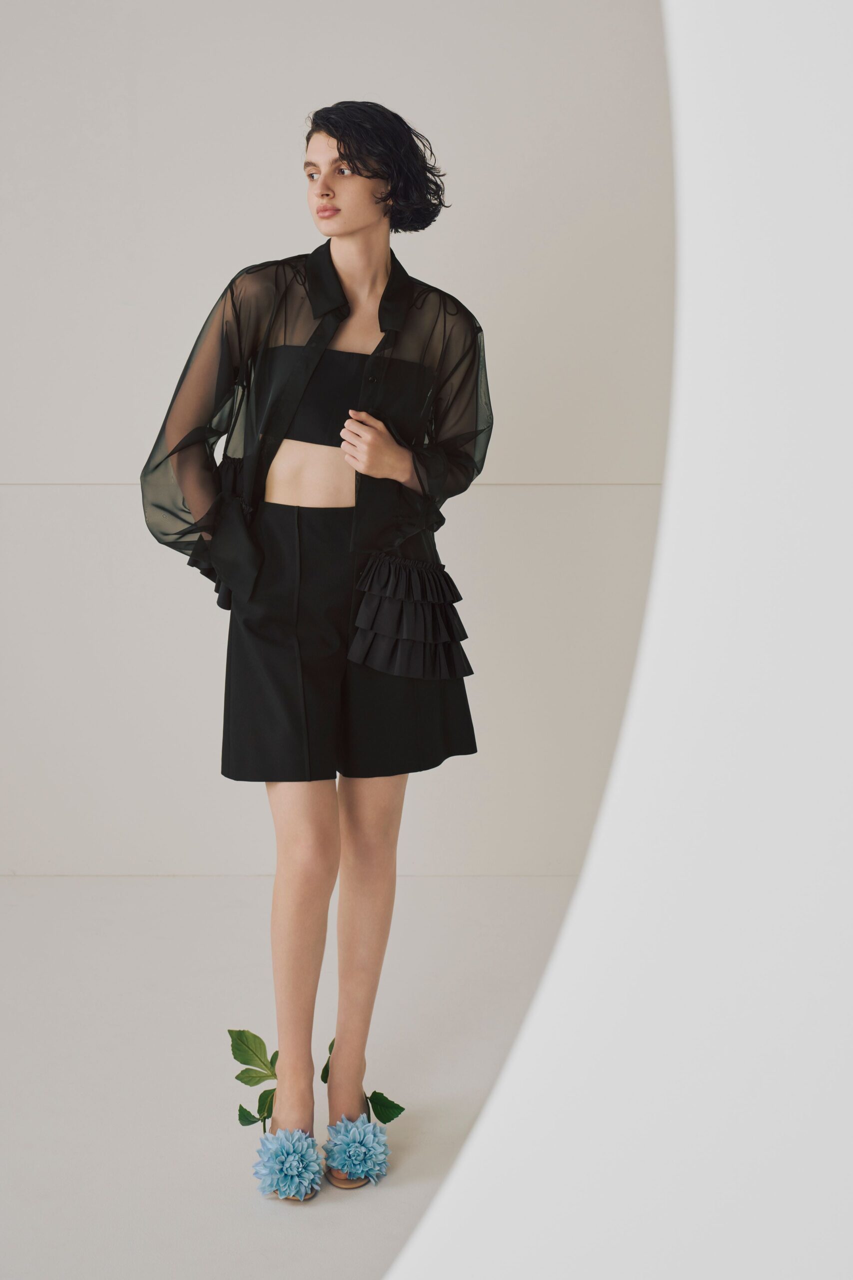 black chiffon top with shorts