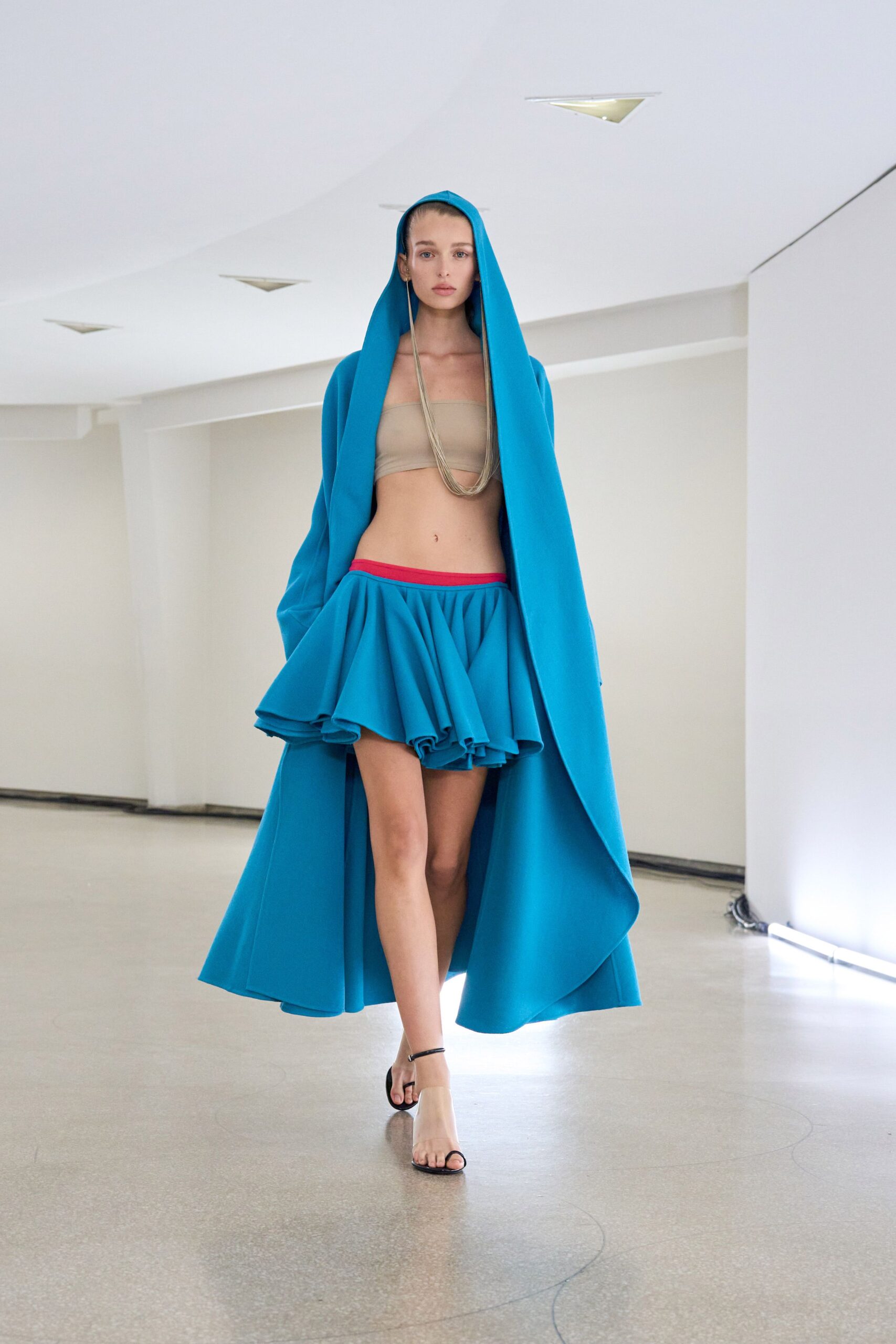 blue cotton sleeveless hooded relaxed coat