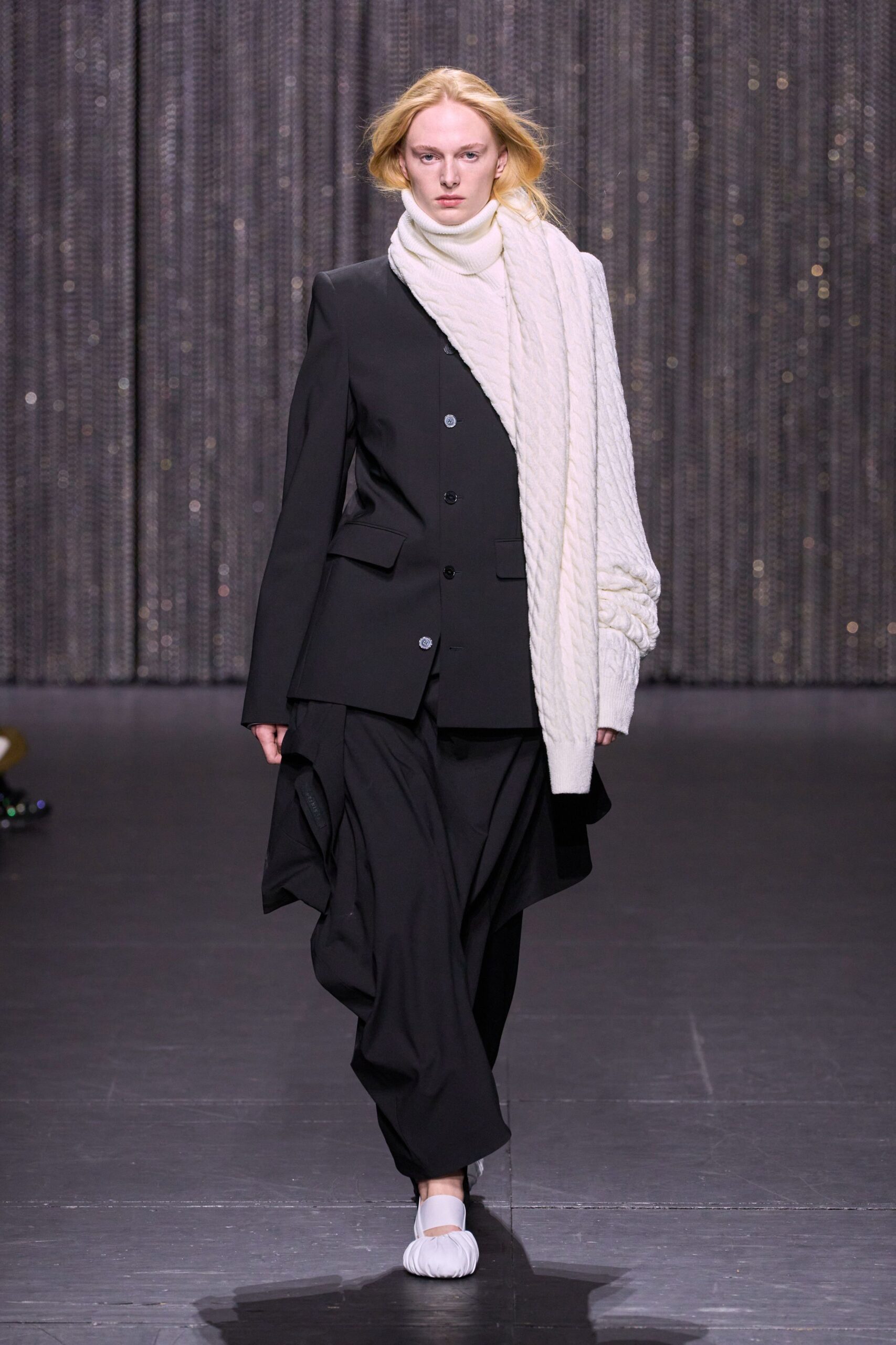 black tailored blazer with white scarf