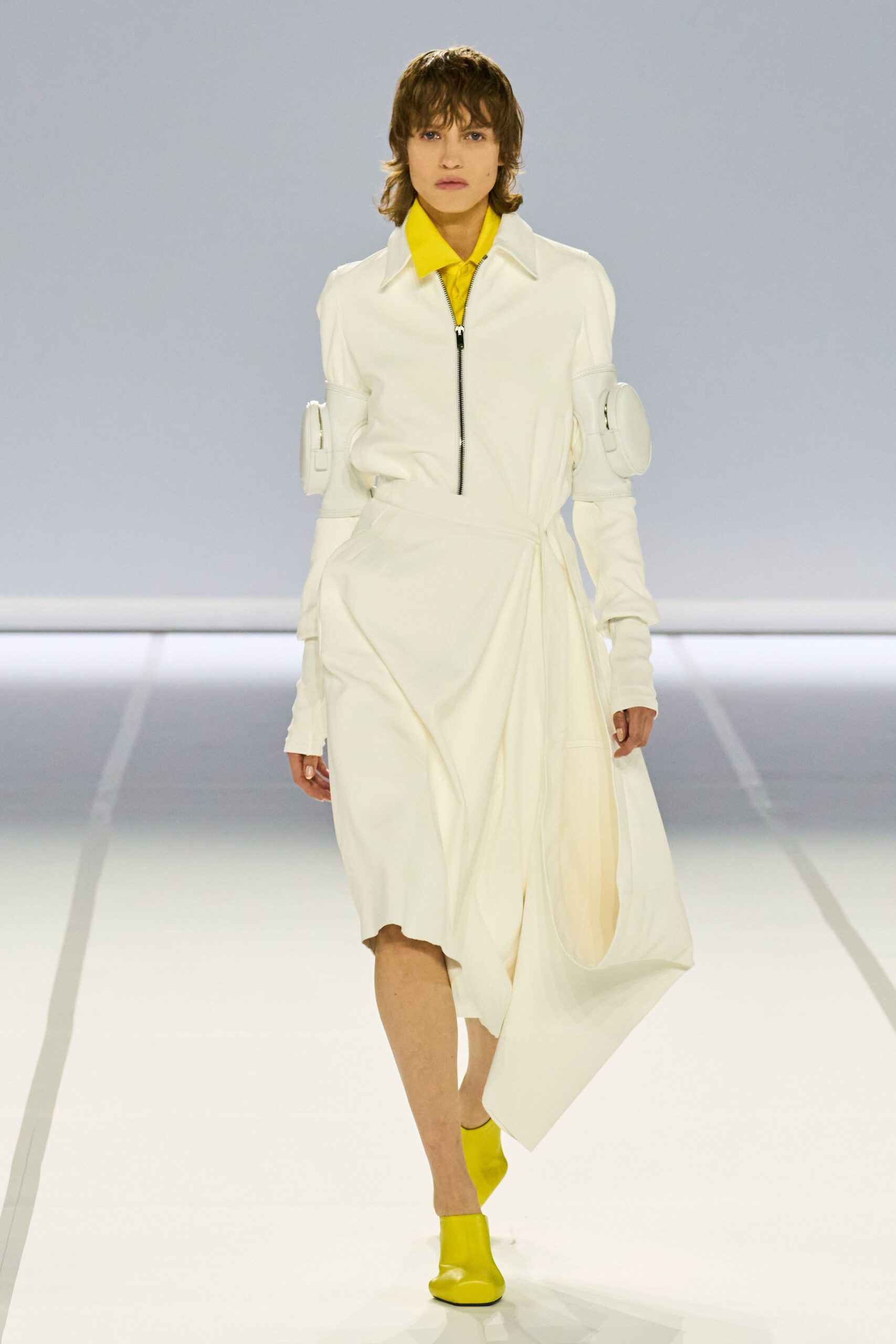 white relaxed midi dress with yellow shoes