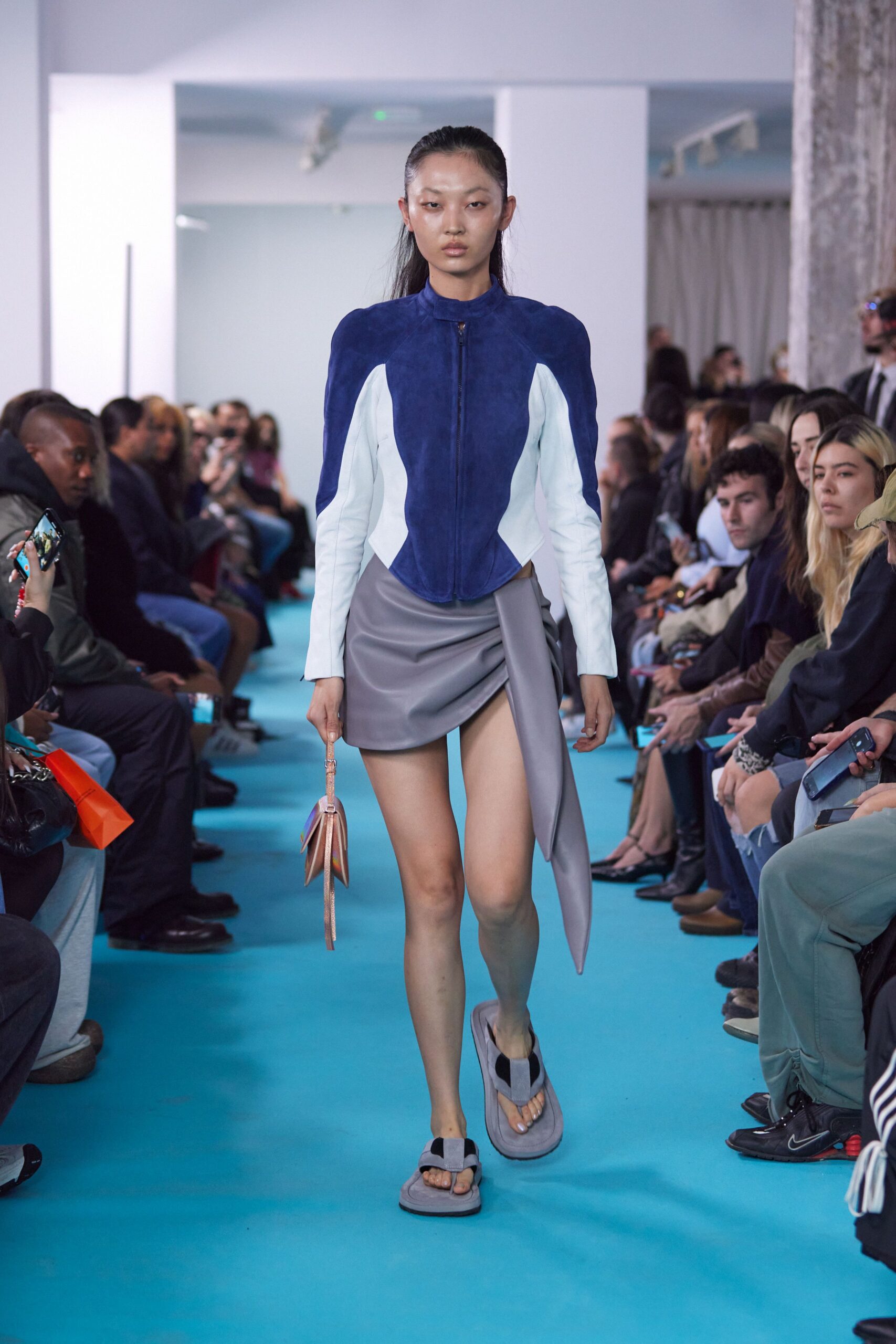 blue leather long-sleeve collared fitted zippered jacket