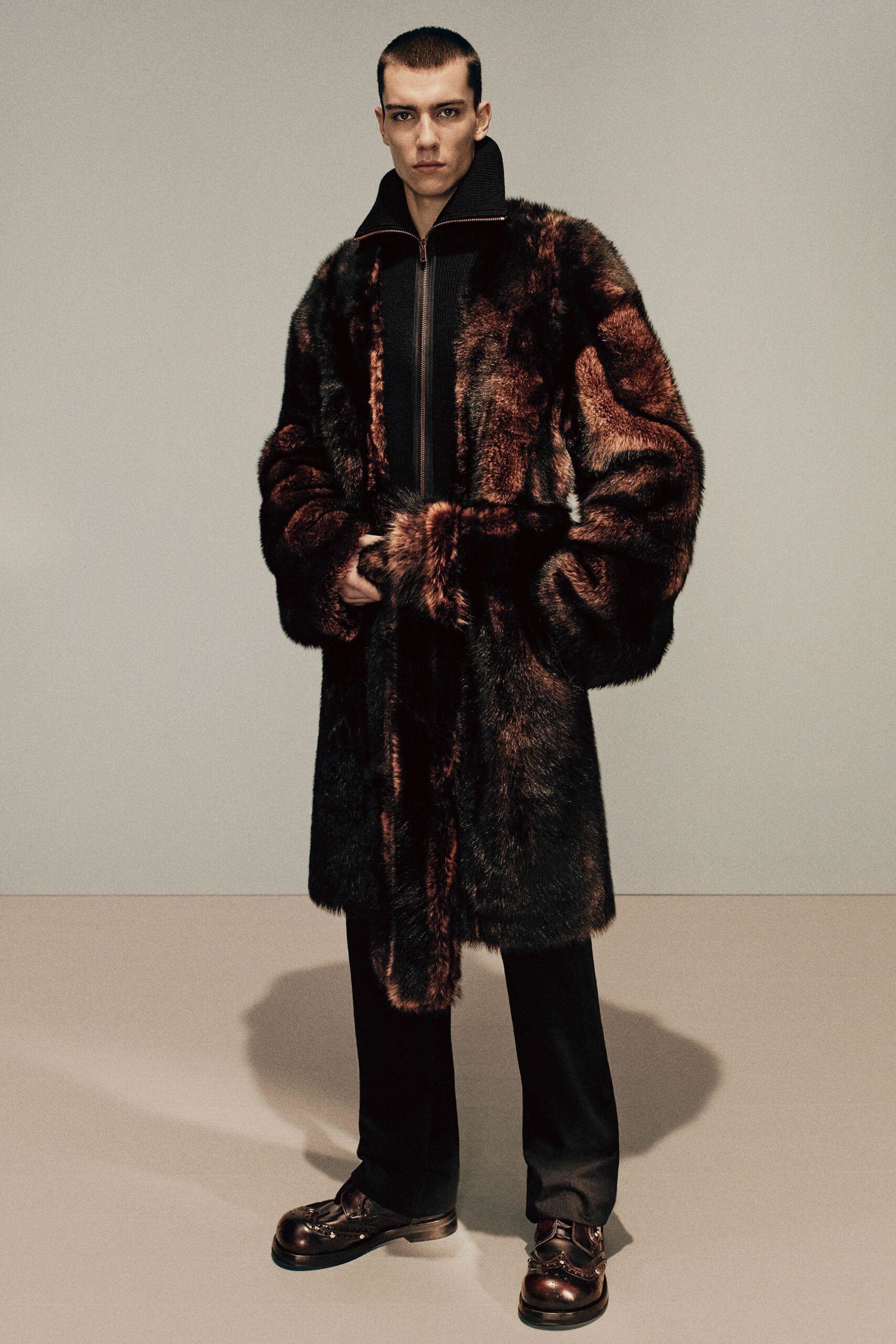 brown fur long-sleeve collared relaxed layered coat