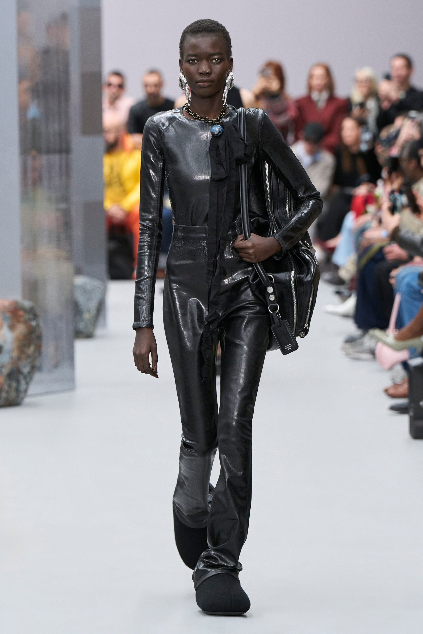 black vinyl long-sleeve v-neck fitted zippered shiny catsuit