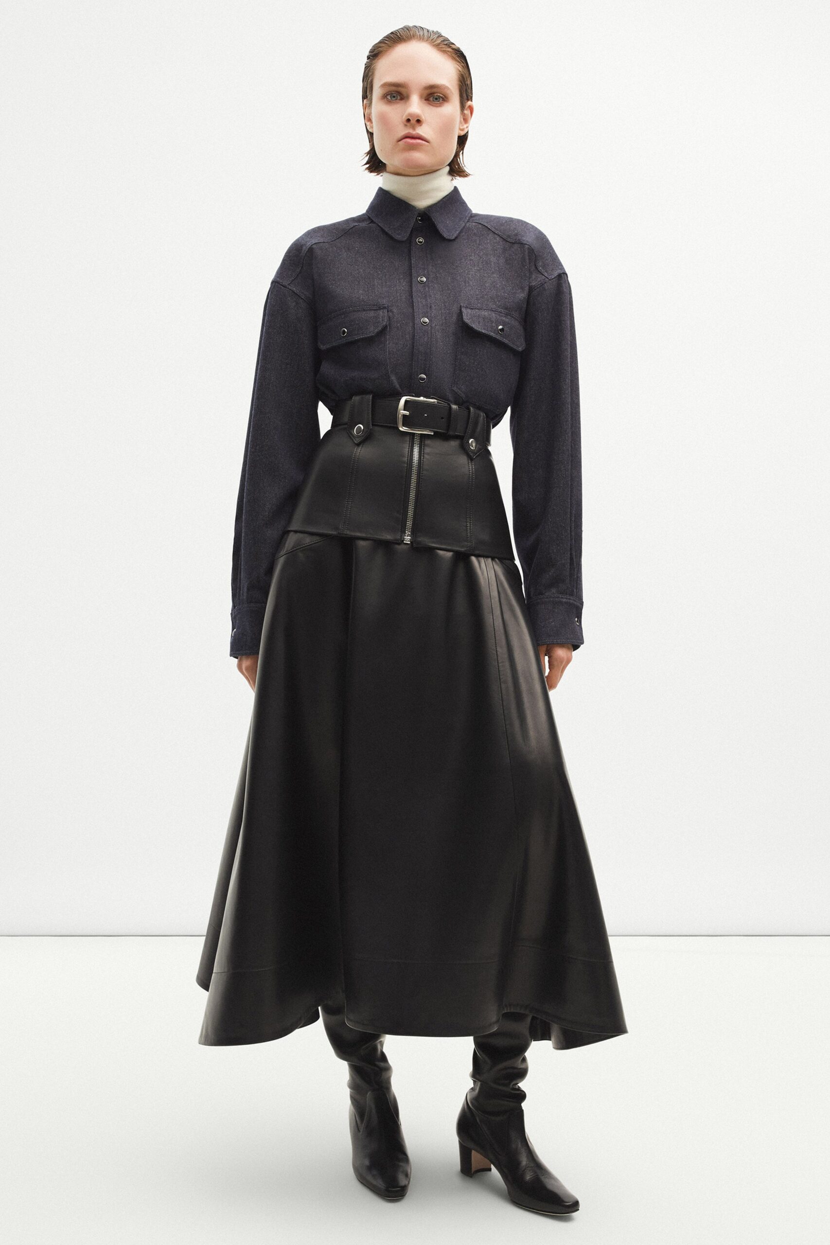 blue denim shirt black leather skirt