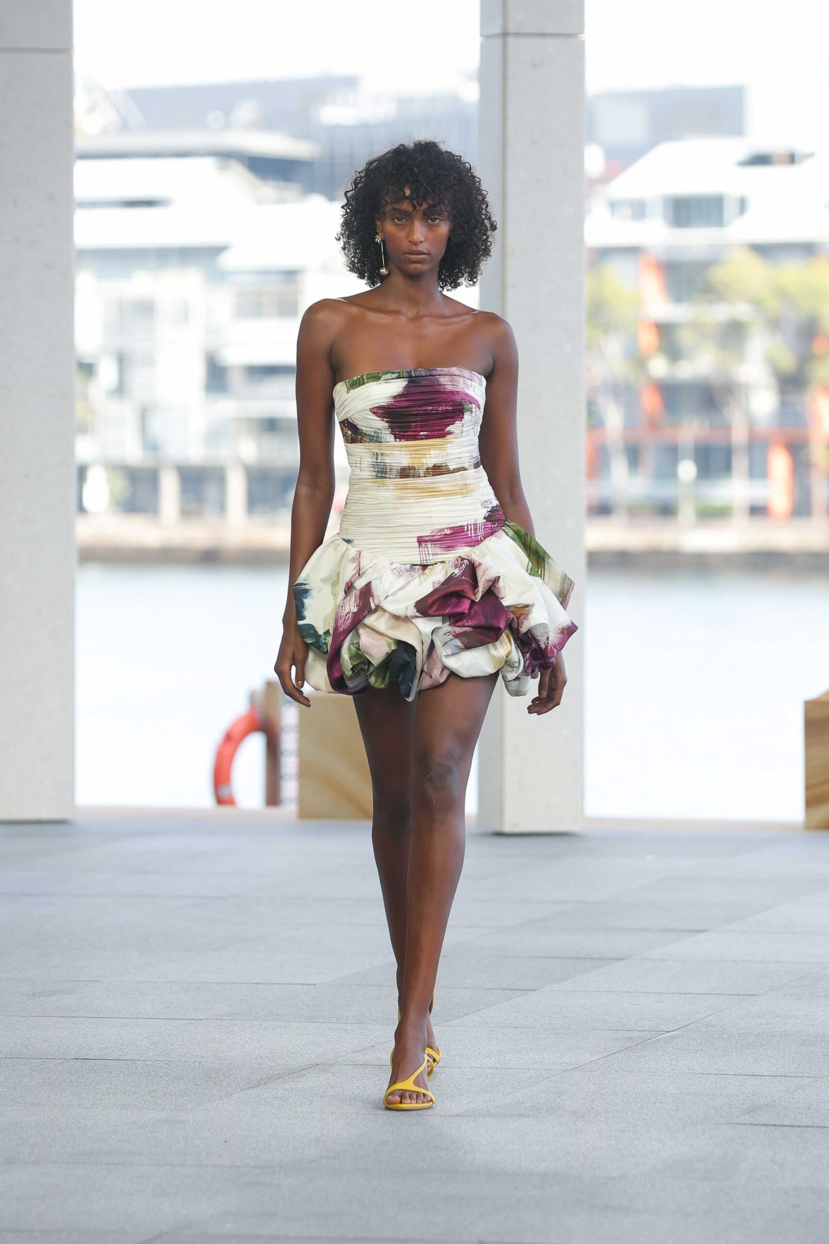 white silk strapless fitted ruched layered textured dress