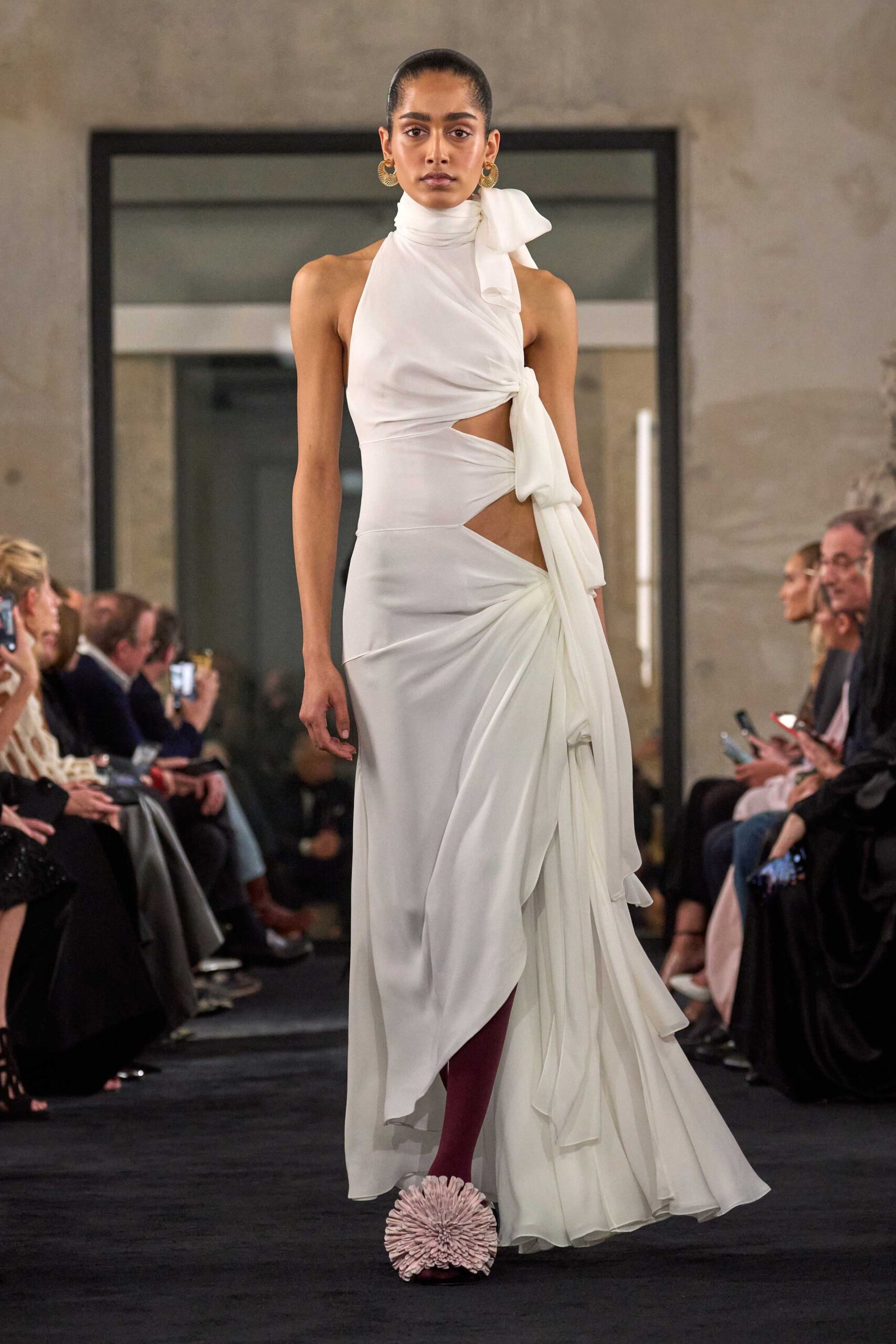 white silk sleeveless halter fitted draped tiered gown