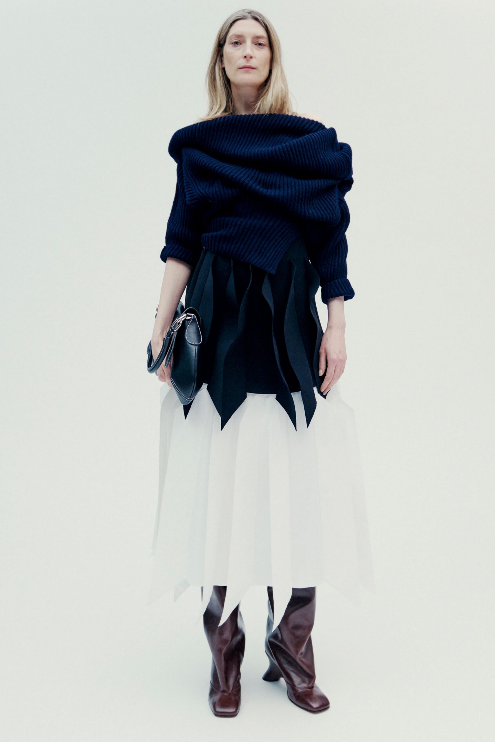 blue wool long-sleeve high-neck fitted layered top