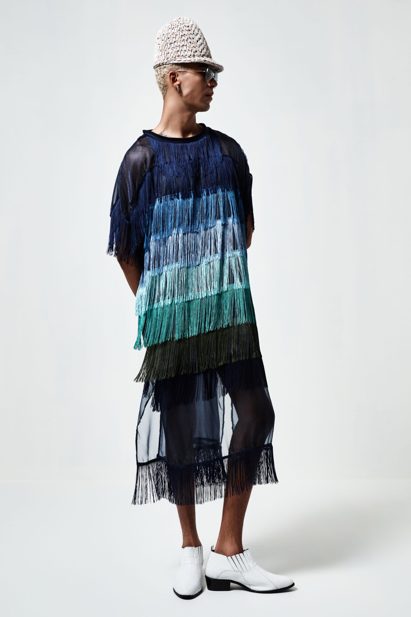 blue silk sleeveless relaxed fringed layered sheer dress