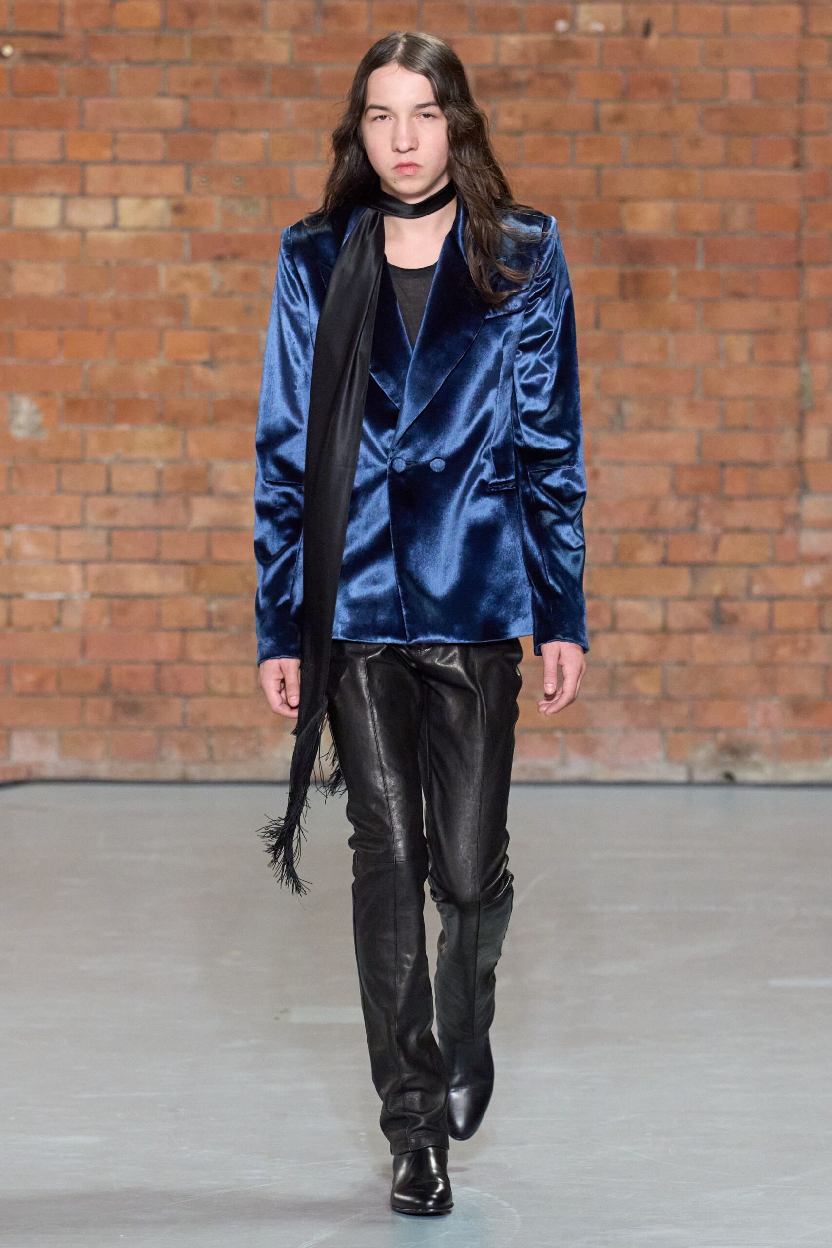 blue velvet blazer with leather pants
