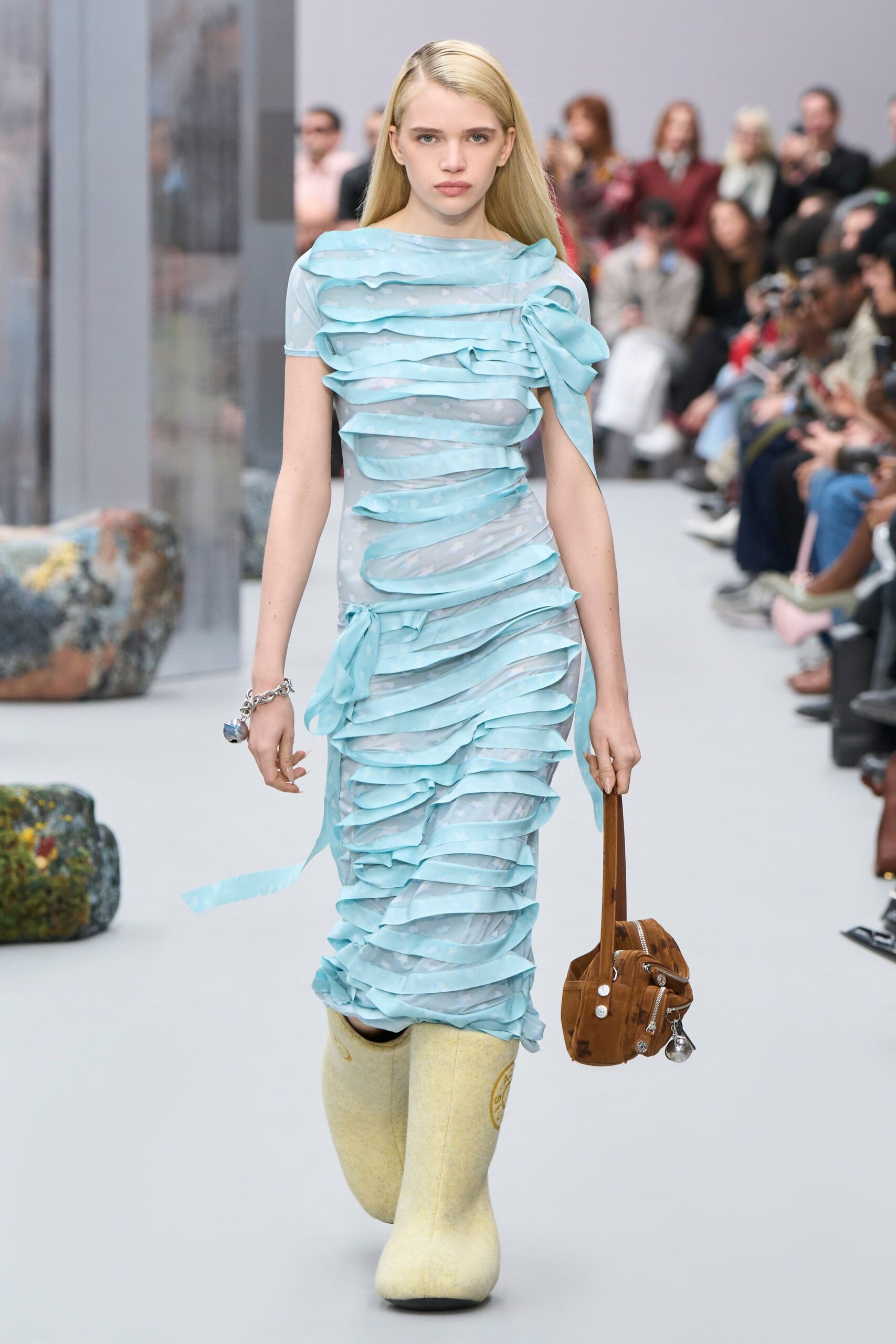 blue silk sleeveless high-neck fitted ruched sheer dress