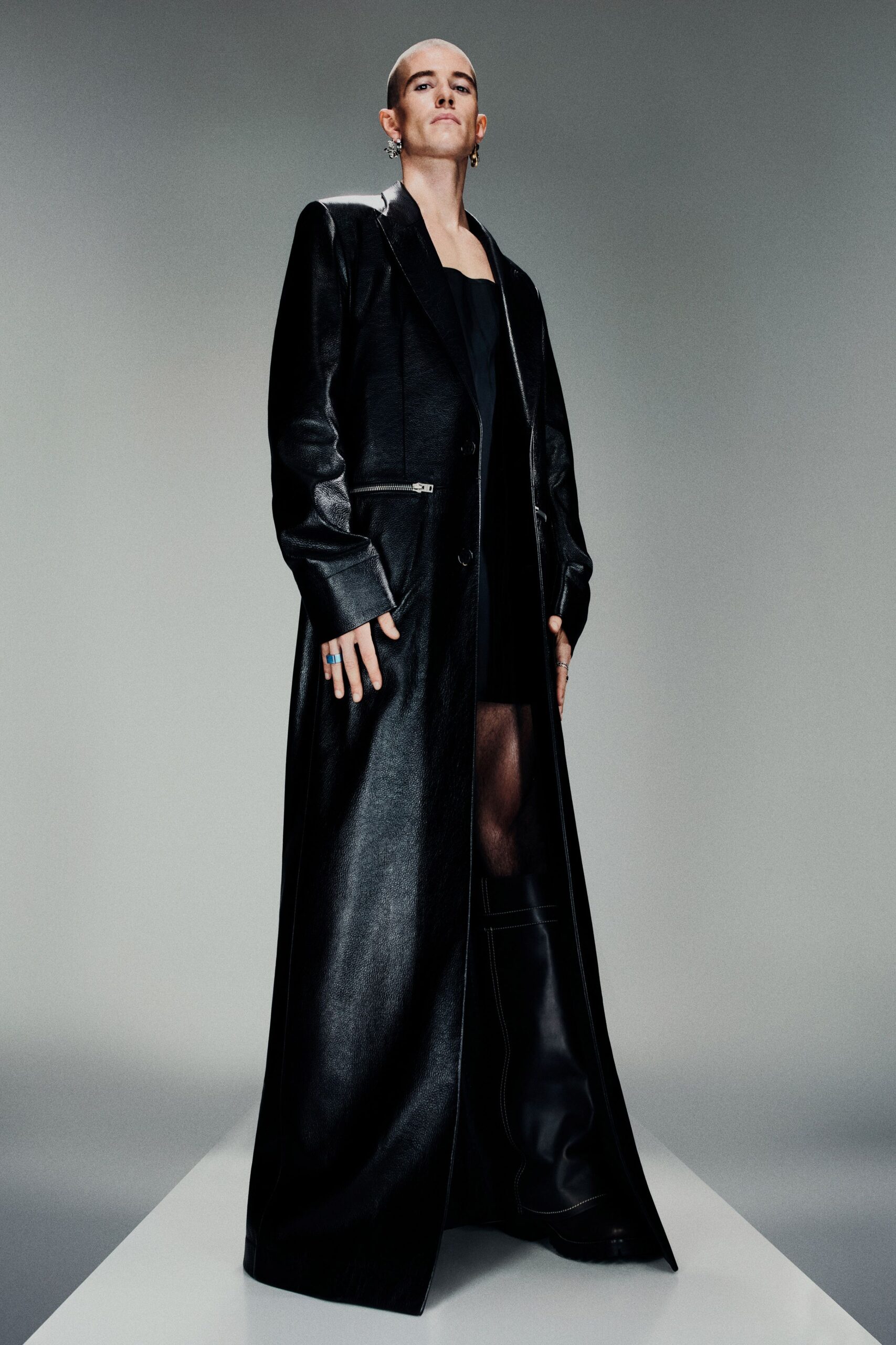 black leather long-sleeve collared fitted zippered maxi coat