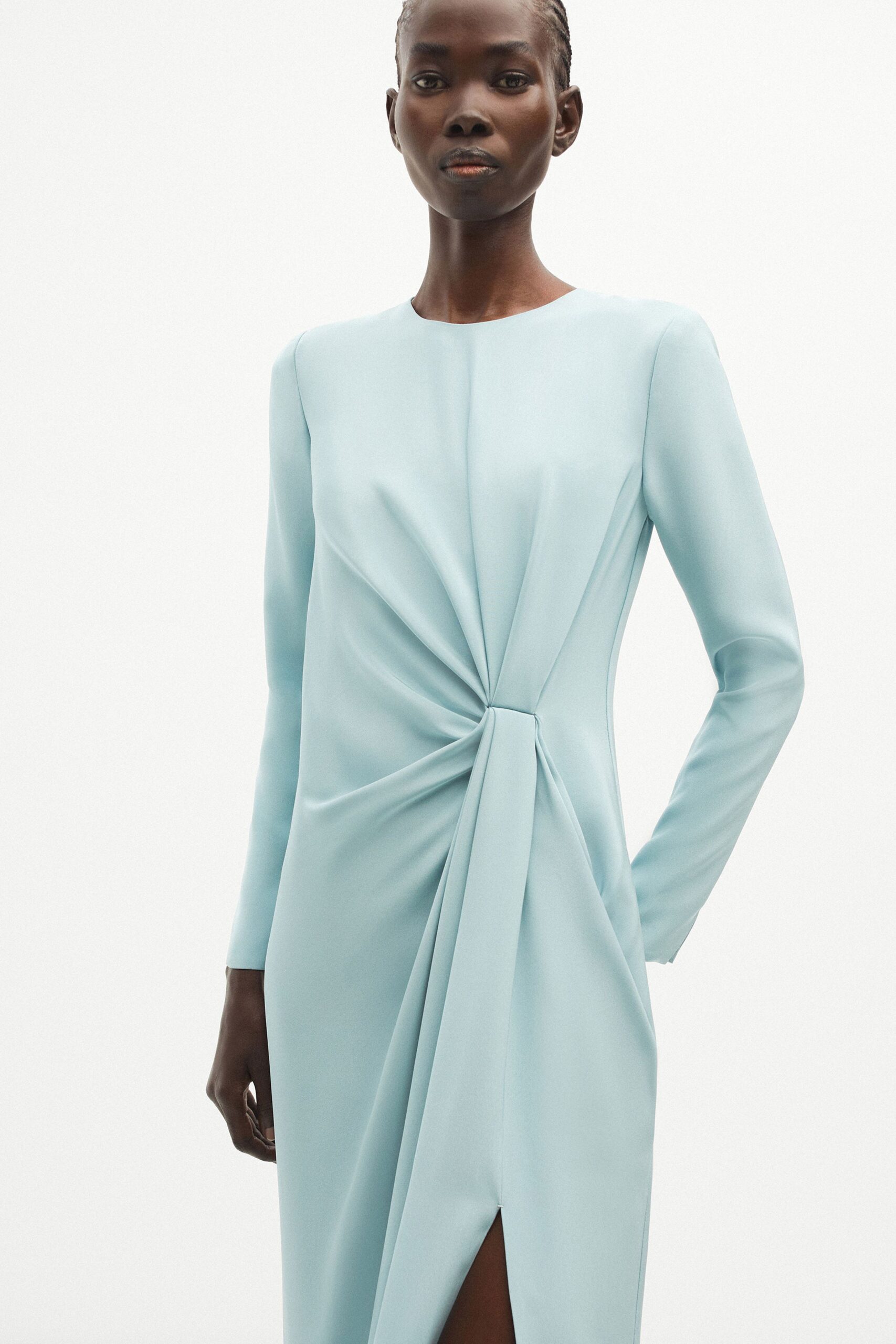 fitted blue silk midi dress