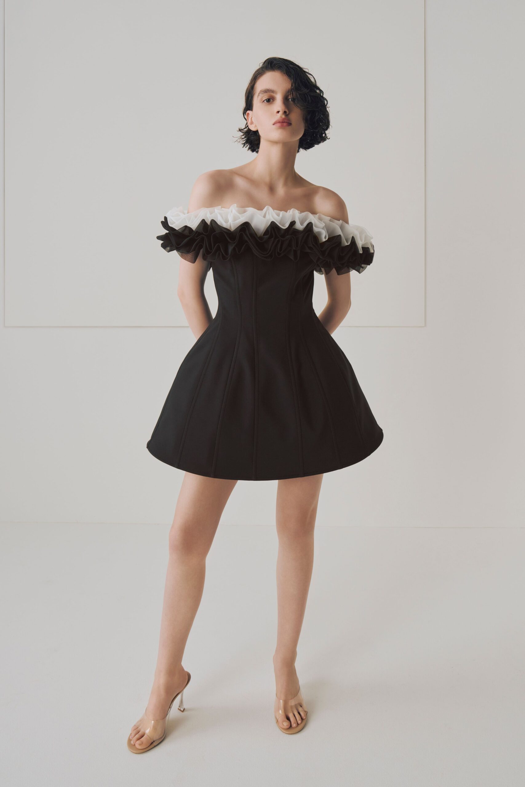black and white off-shoulder mini dress