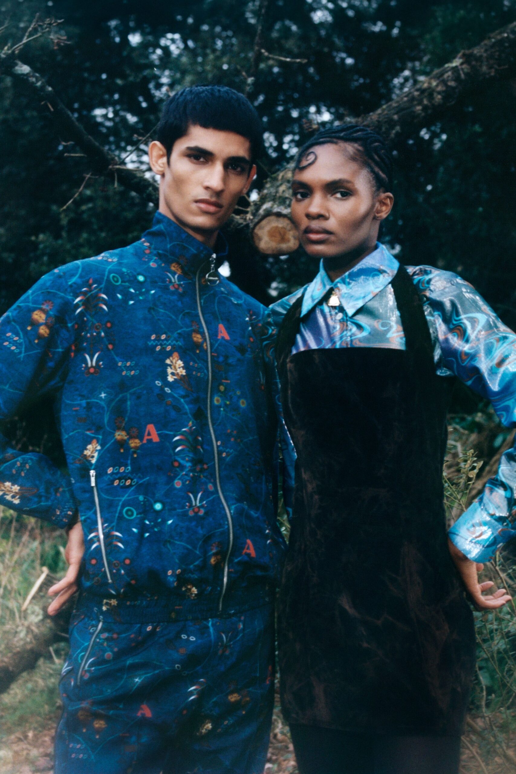 blue cotton long-sleeve collared fitted printed jacket