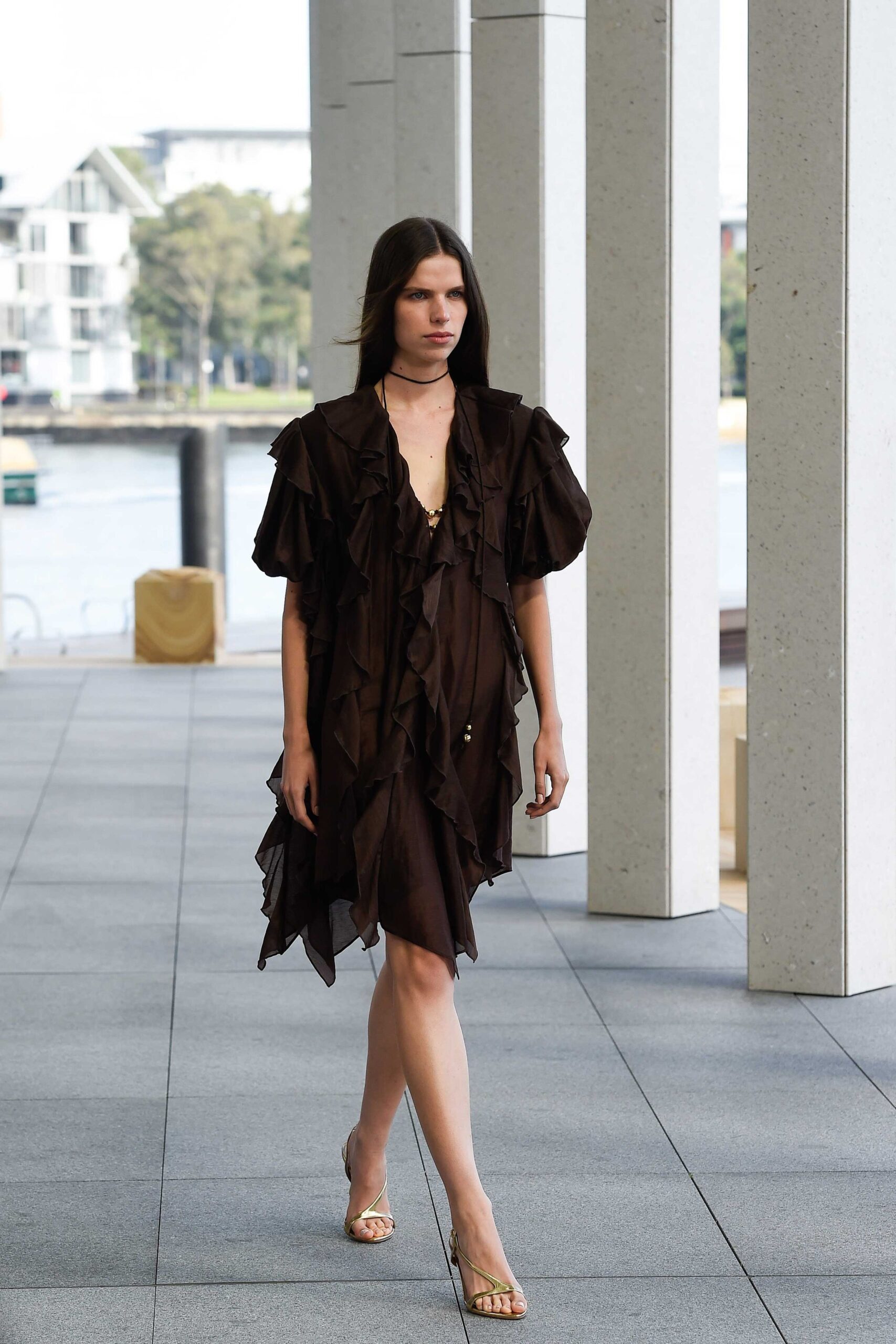 brown chiffon short-sleeve v-neck relaxed ruffled layered dress