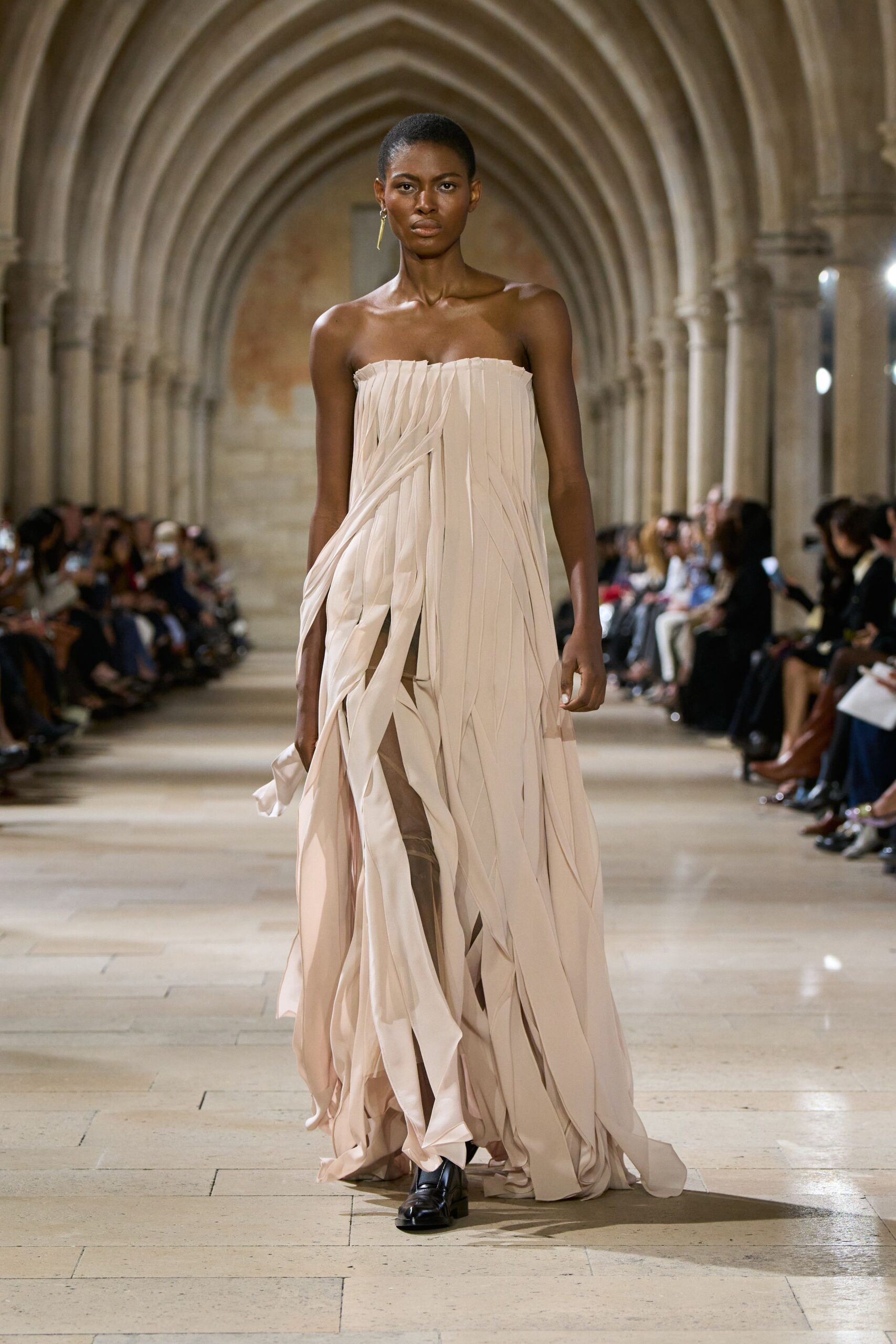 beige silk strapless gown