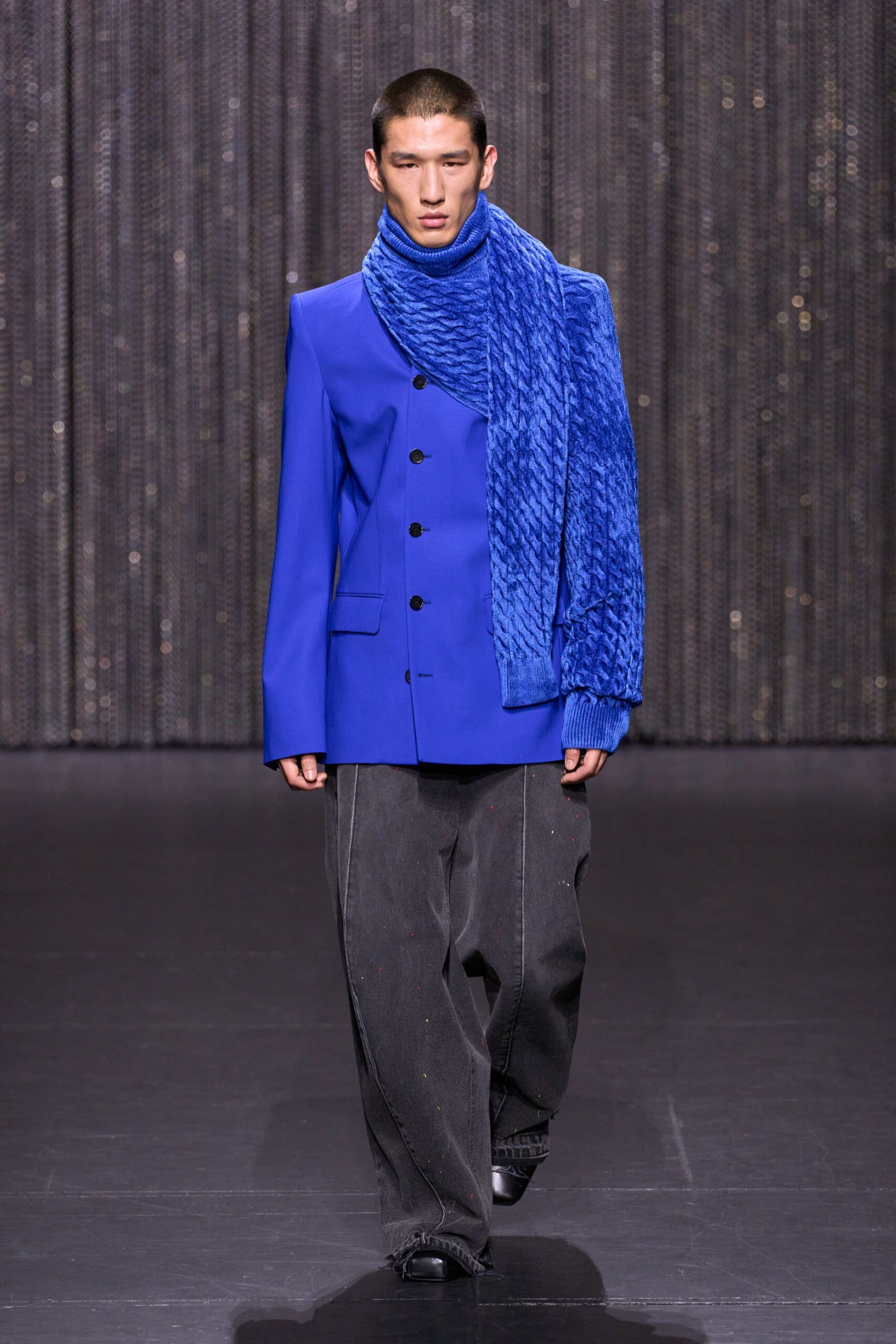 blue tailored blazer with scarf