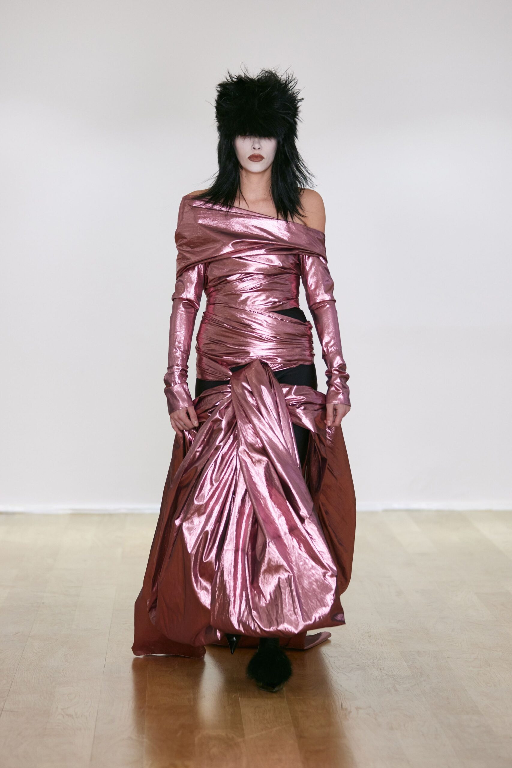 pink silk off-shoulder long-sleeve fitted draped zippered gown