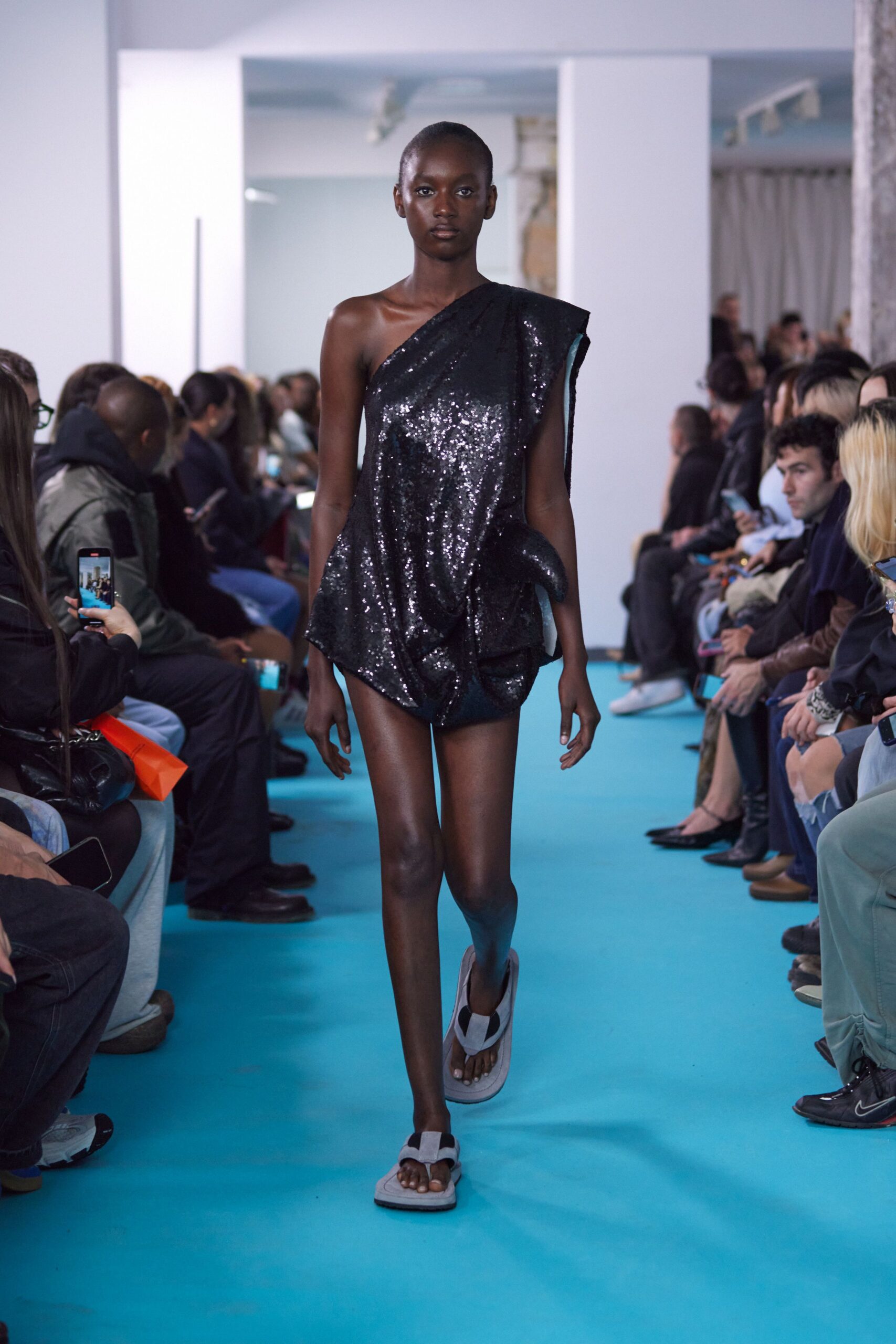 black sequin asymmetric mini dress