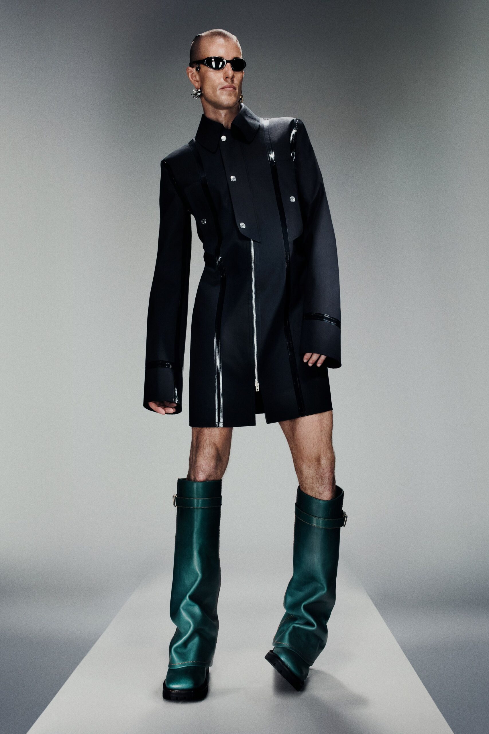 black vinyl long-sleeve collared fitted zippered mini dress