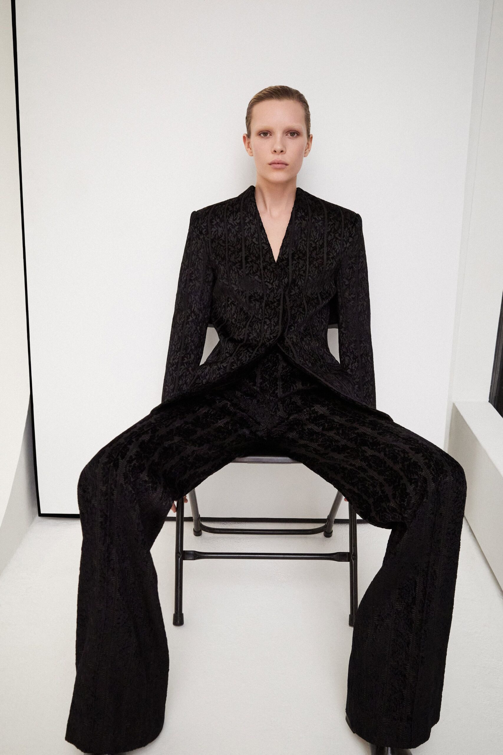 black embroidered fitted suit