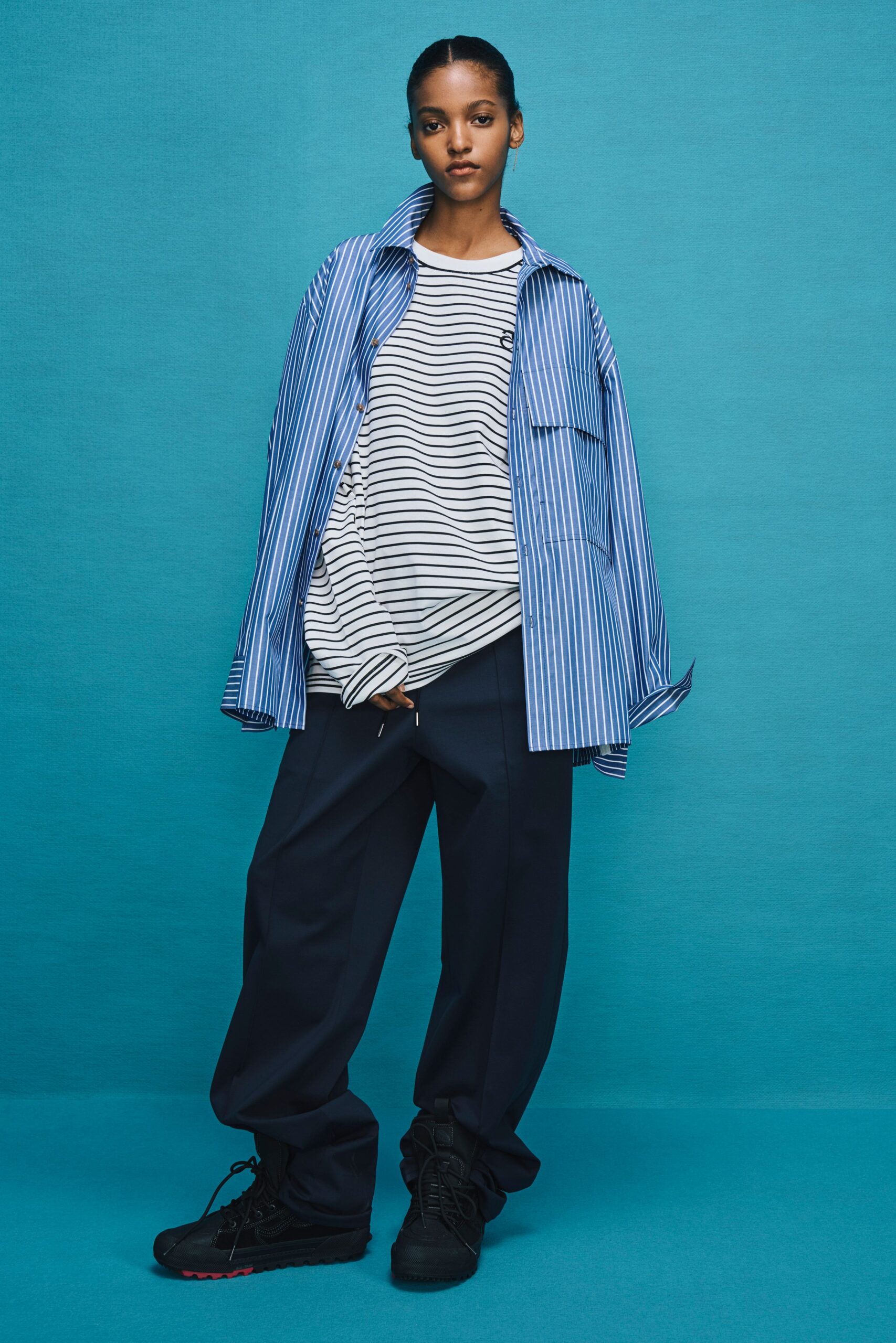 blue striped shirt with relaxed pants