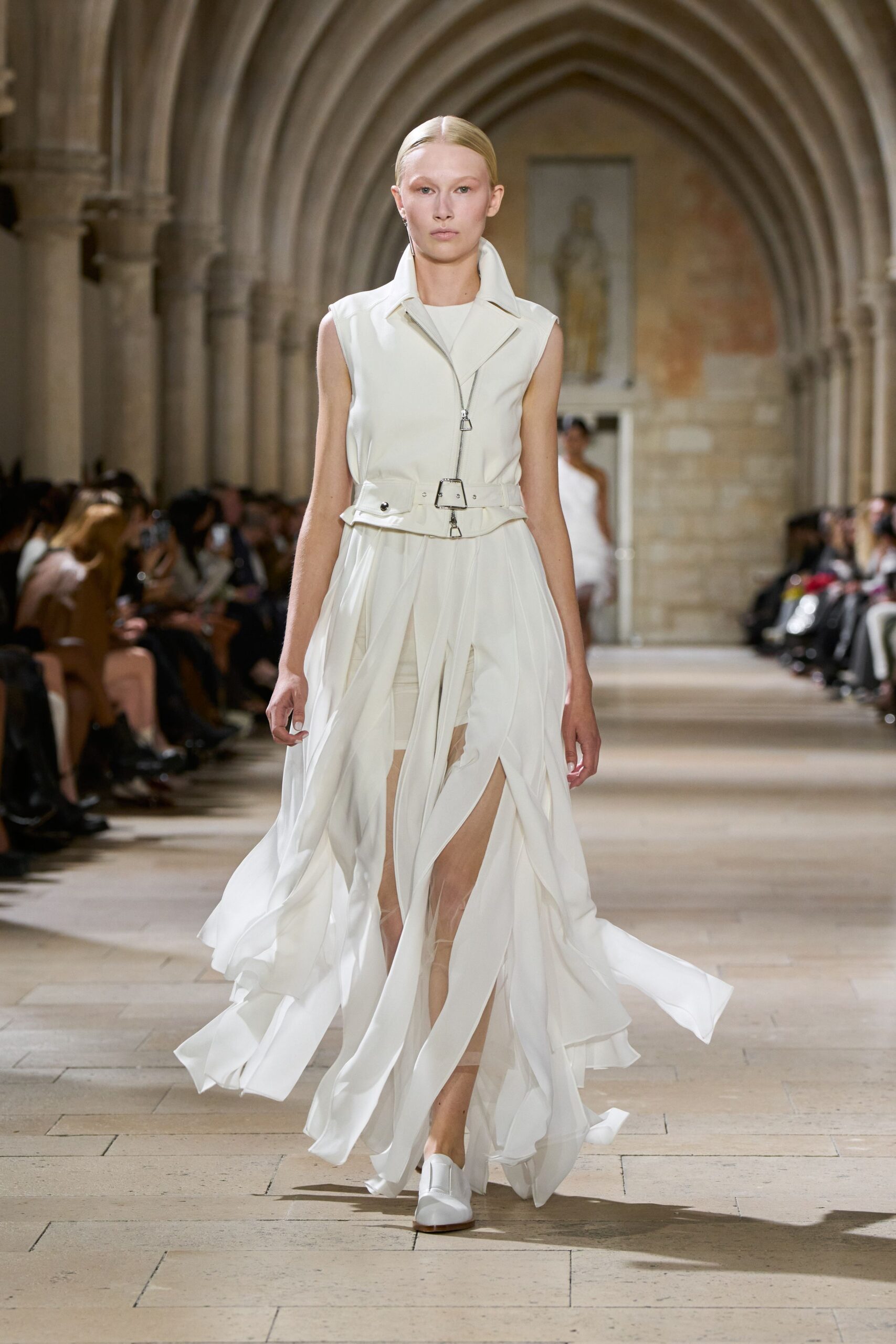 white silk sleeveless collared fitted layered belted dress