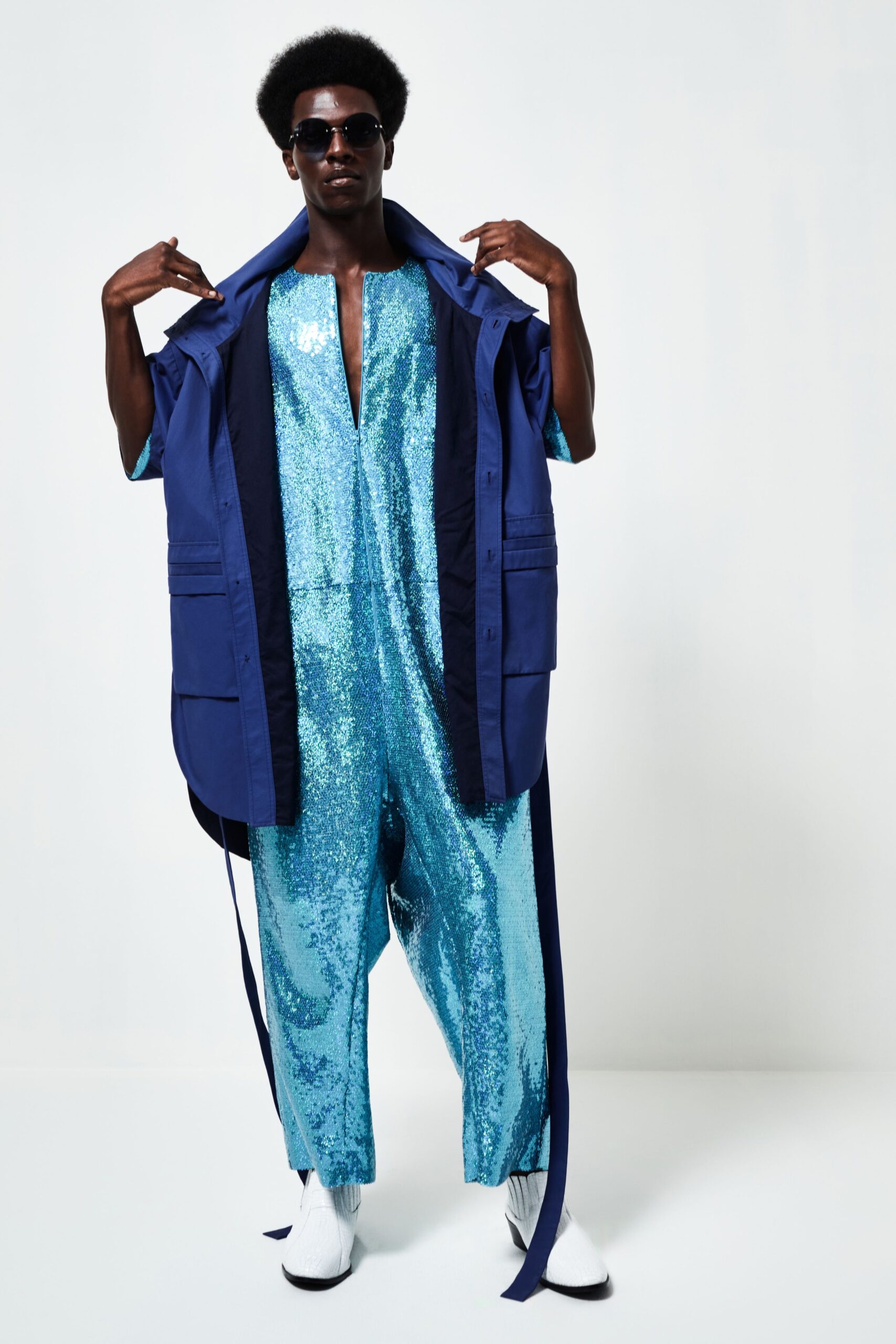 blue sequin jumpsuit with coat