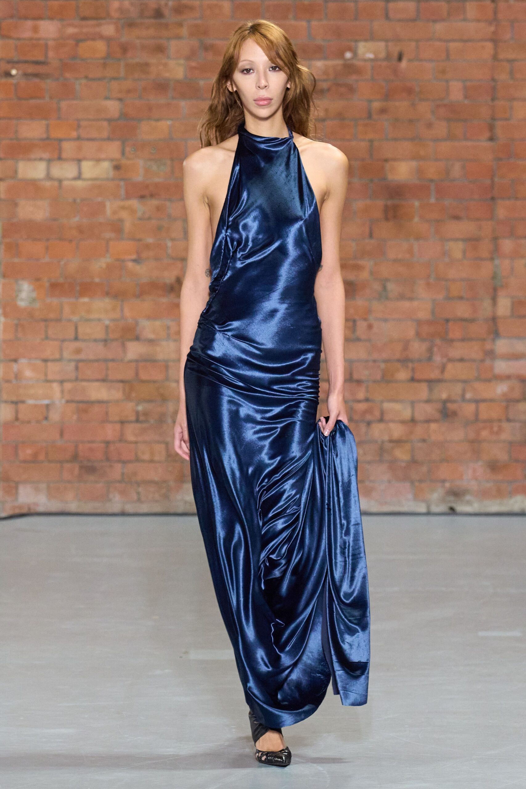 blue silk sleeveless halter fitted draped shiny gown