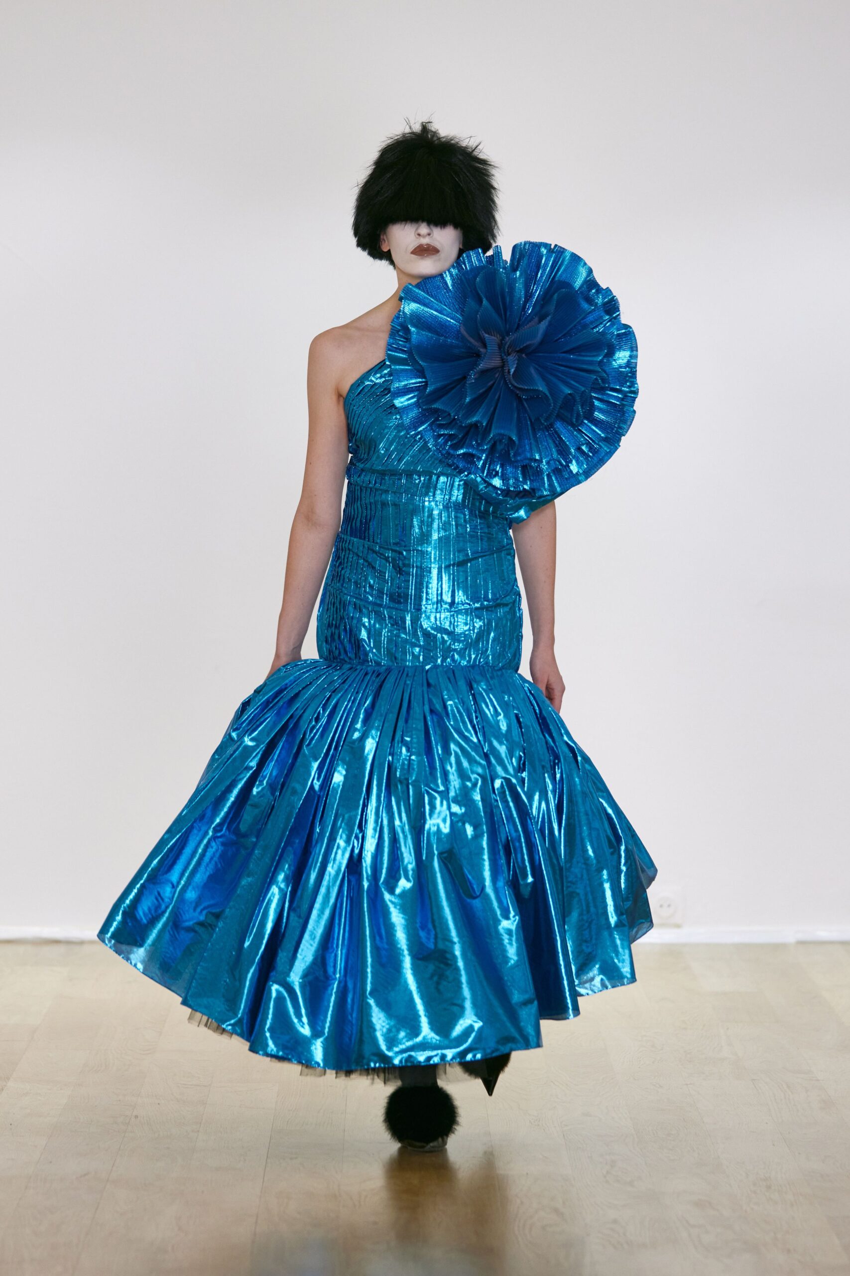 blue satin strapless fitted pleated ruffled shiny gown