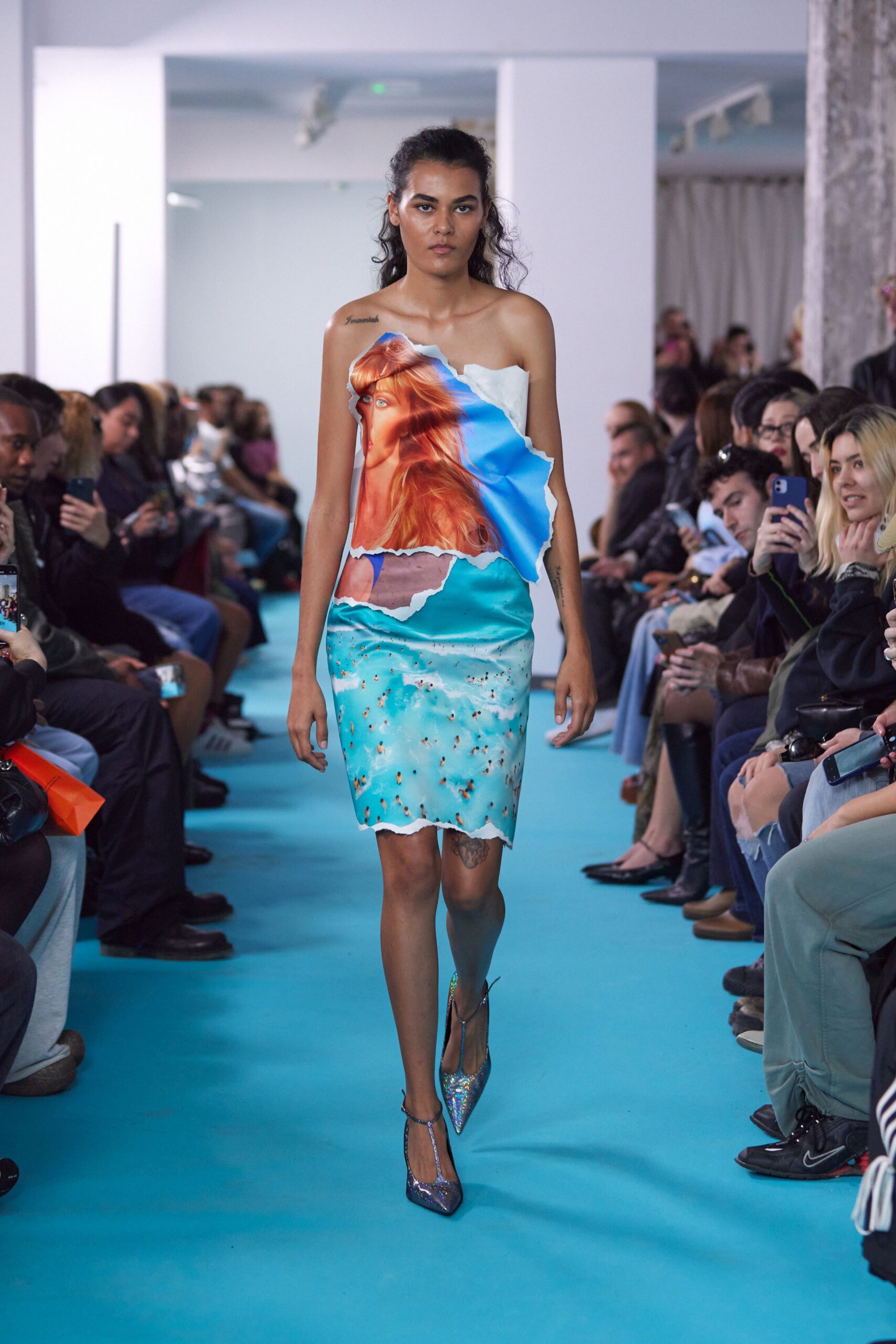 blue silk sleeveless off-shoulder fitted draped printed dress
