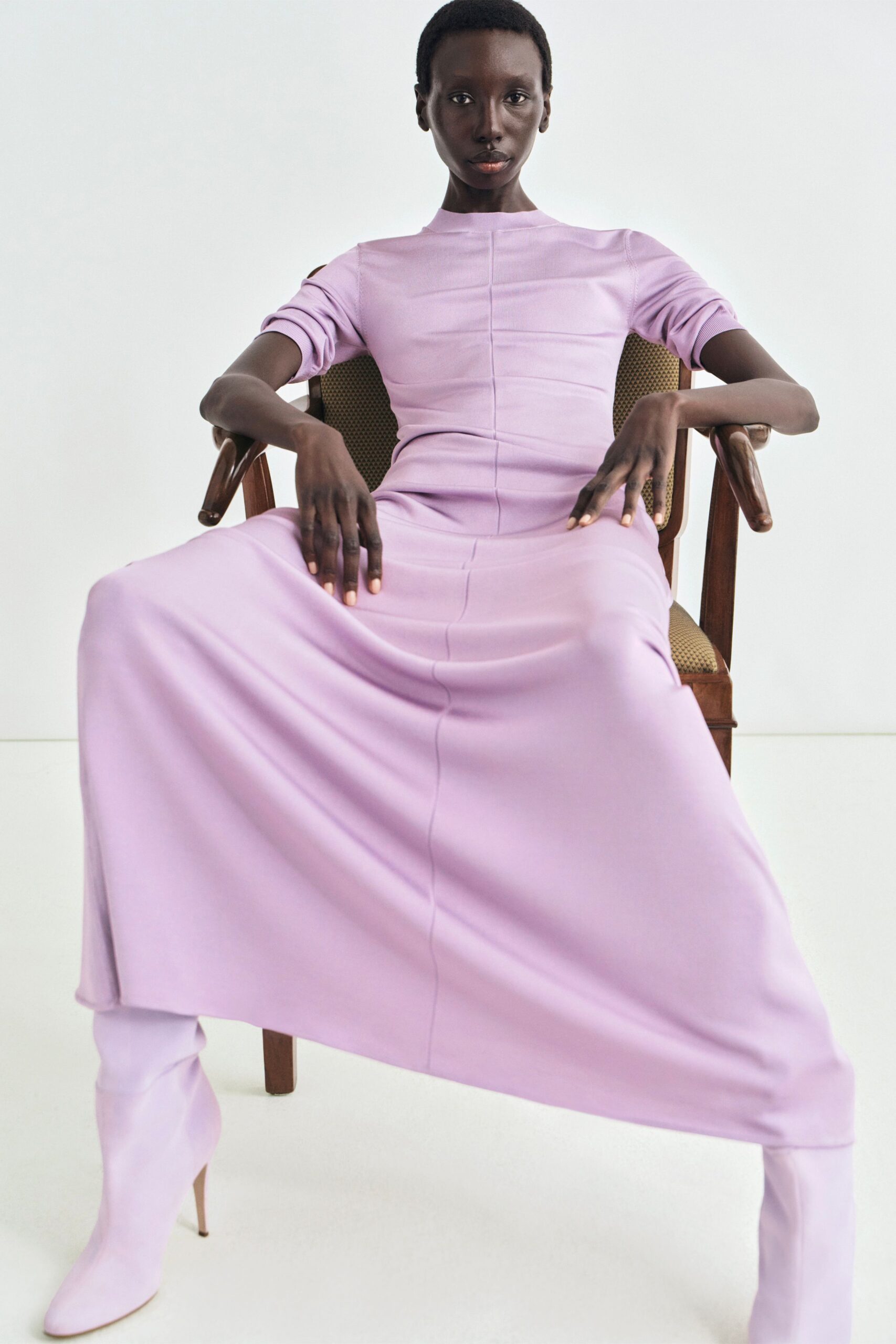 purple cotton short-sleeve high-neck fitted straight-leg maxi dress