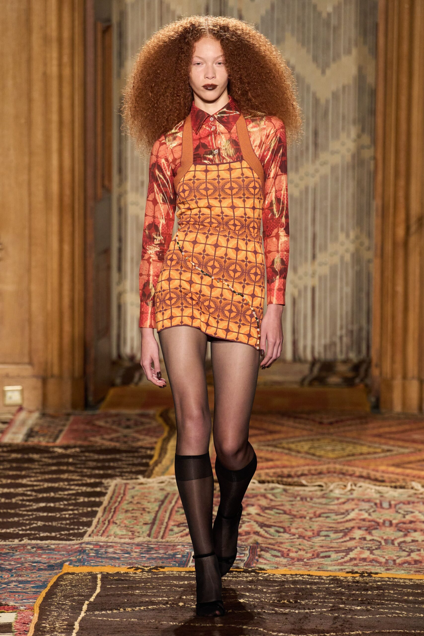 orange cotton long-sleeve collared fitted printed mini dress
