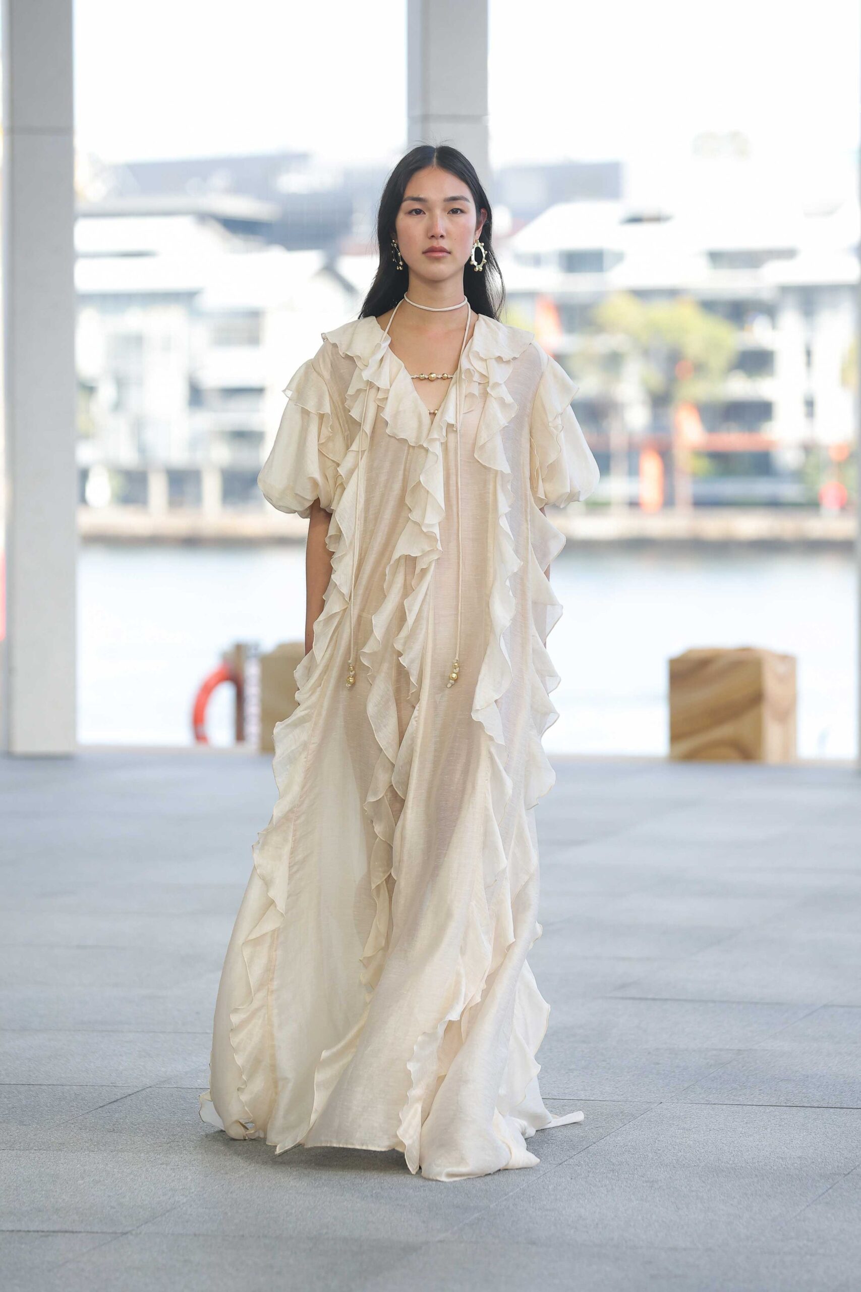 ivory ruffled maxi gown