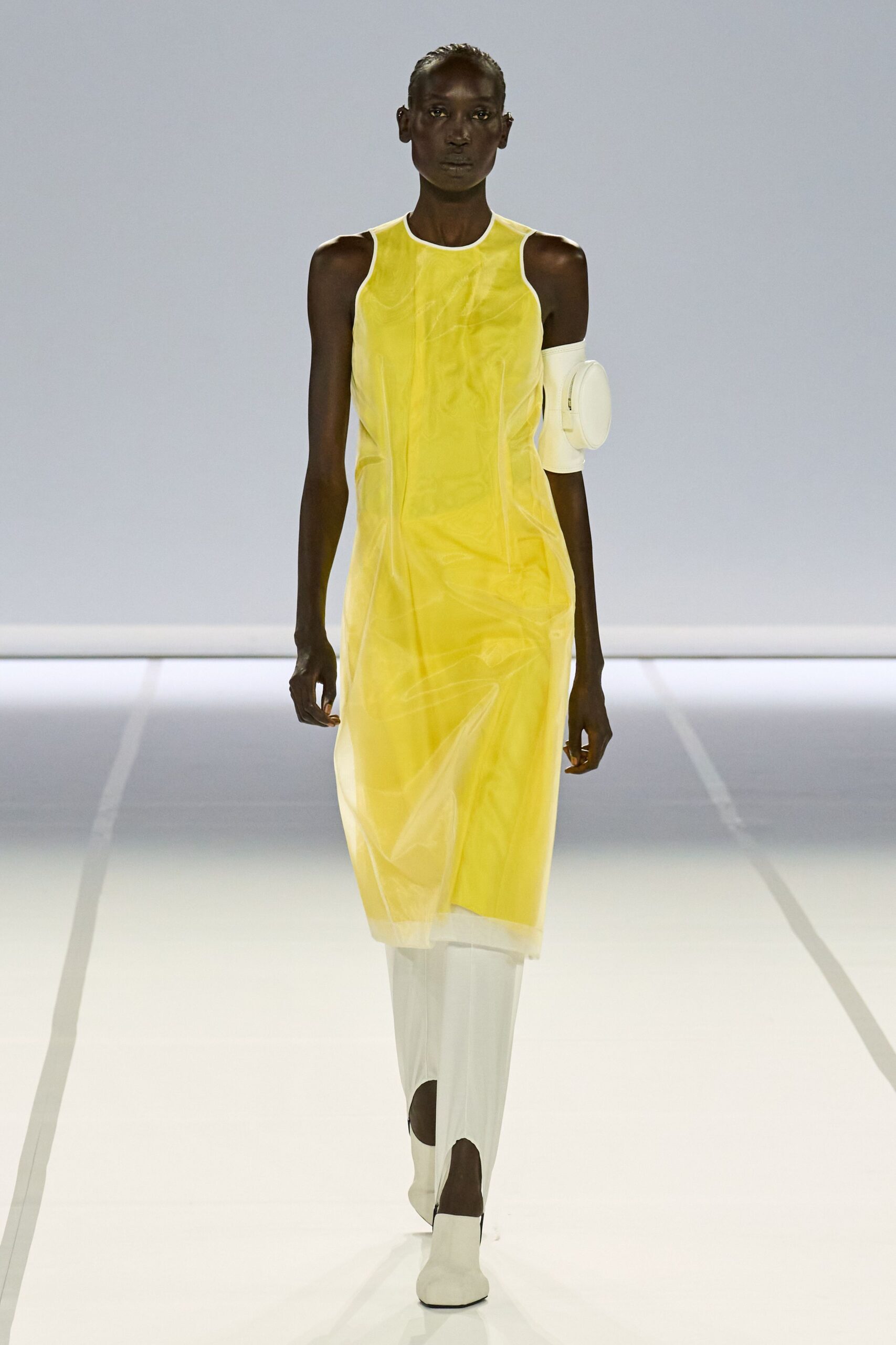 yellow silk sleeveless high-neck fitted layered sheer dress