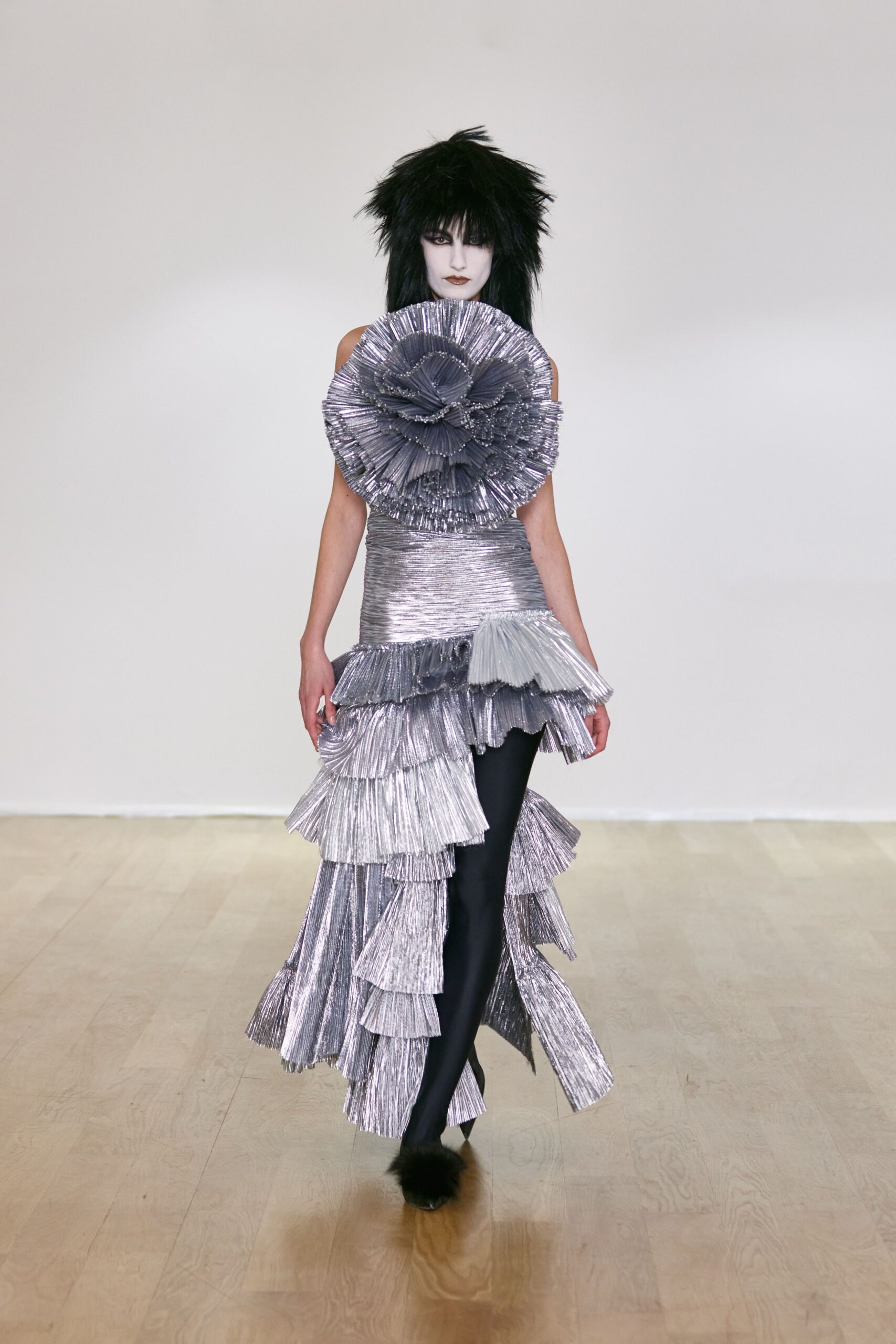 gray silk sleeveless fitted pleated ruffled shiny dress