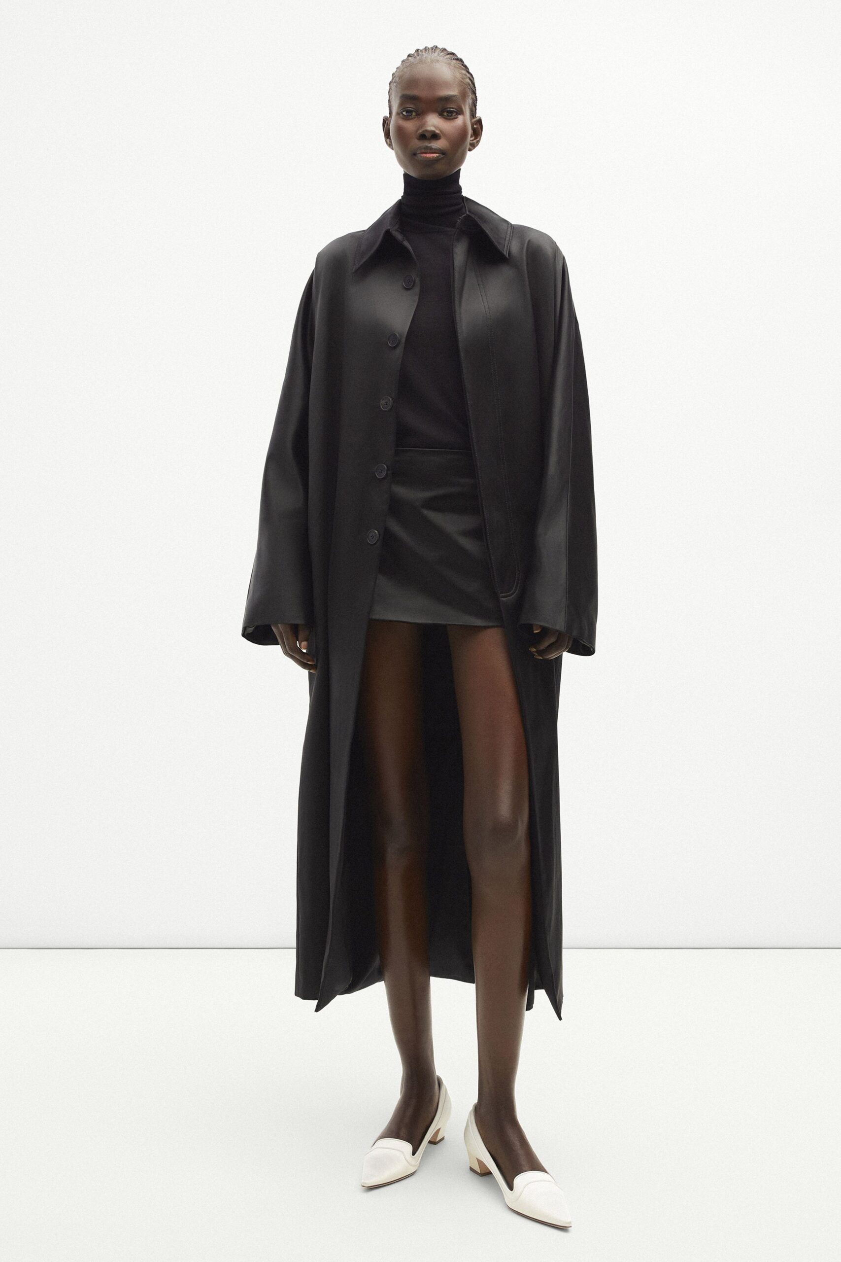 black leather long-sleeve collared oversized buttoned maxi coat