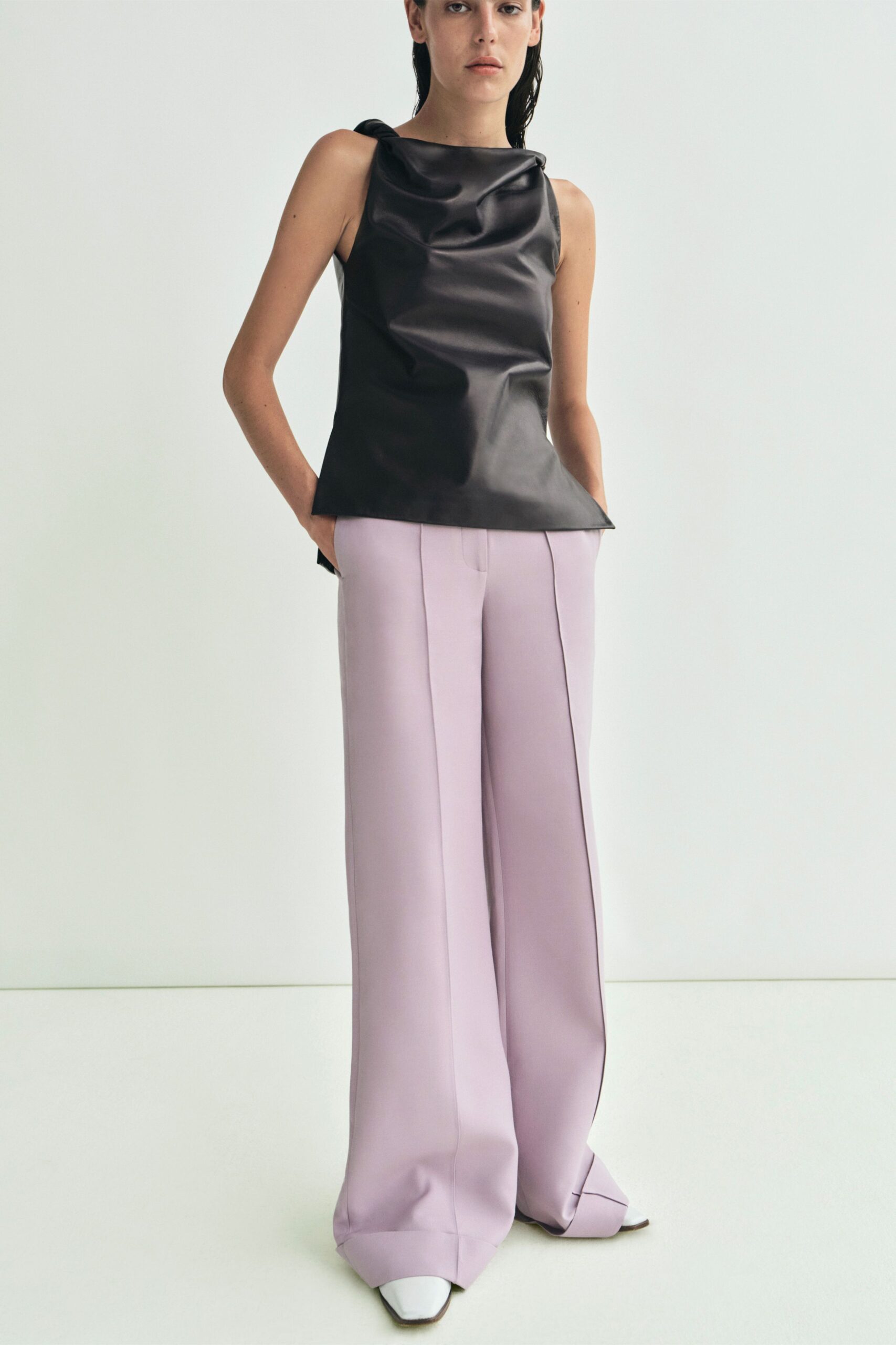 lavender cotton relaxed wide-leg pants