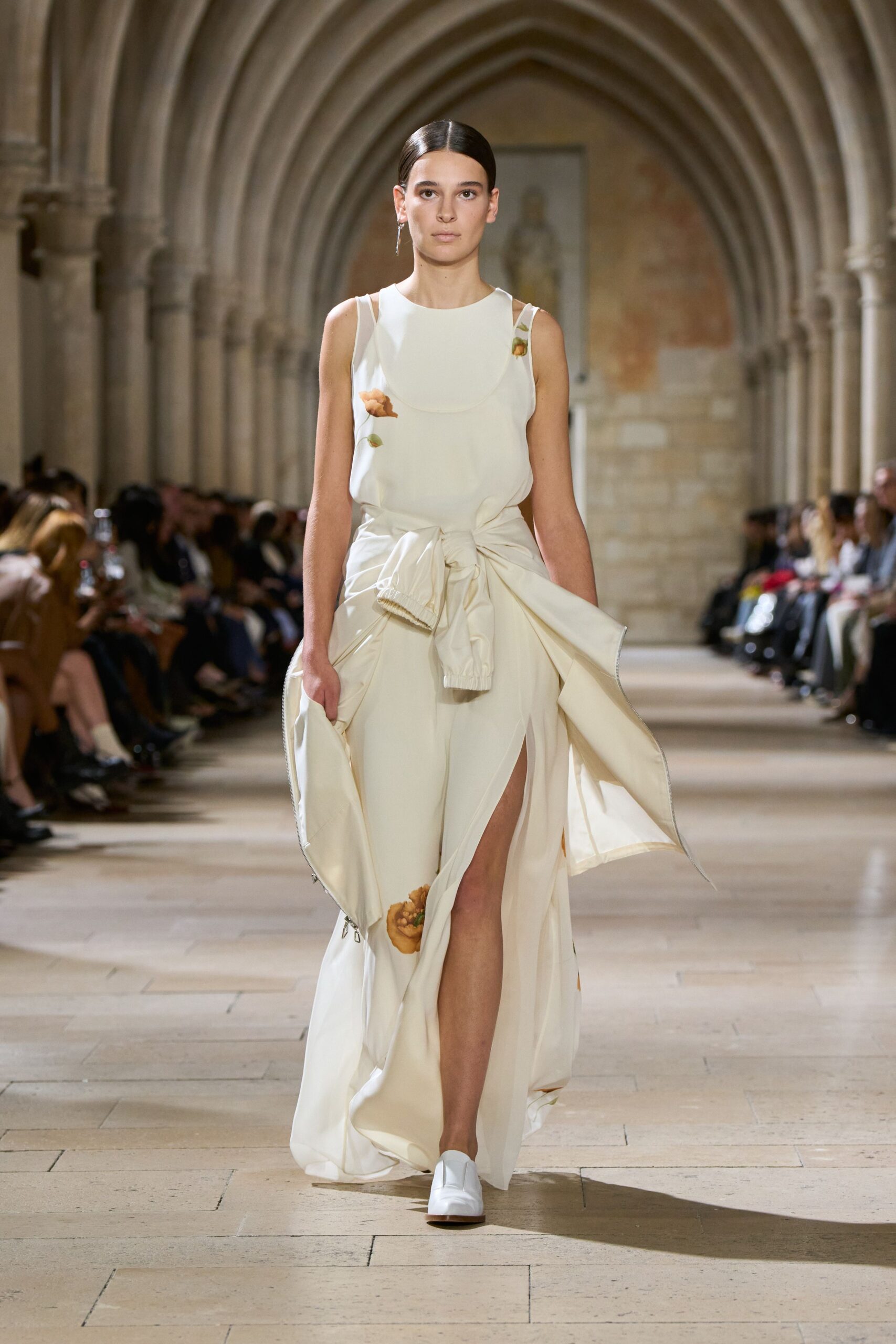 white silk sleeveless v-neck fitted draped flowing dress