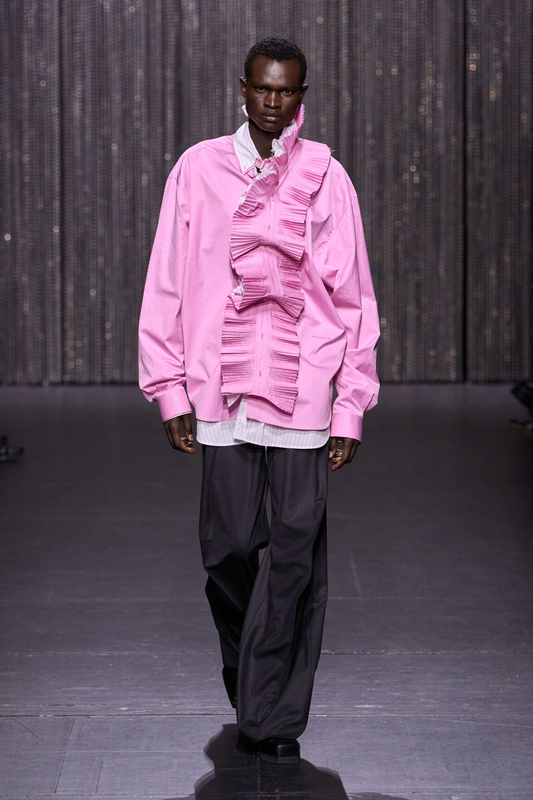 pink cotton long-sleeve collared oversized ruffled shirt