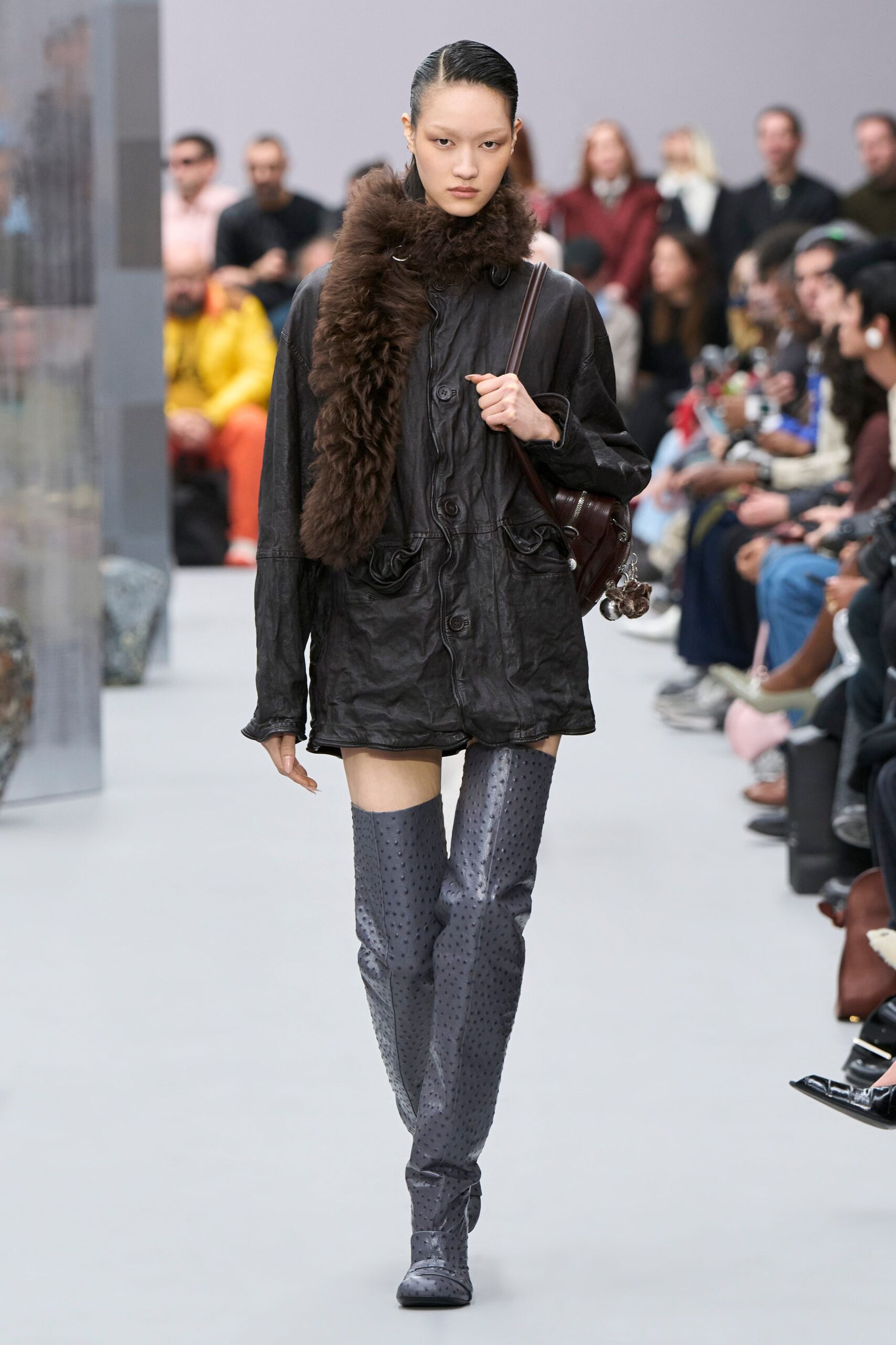 gray leather fitted textured boots